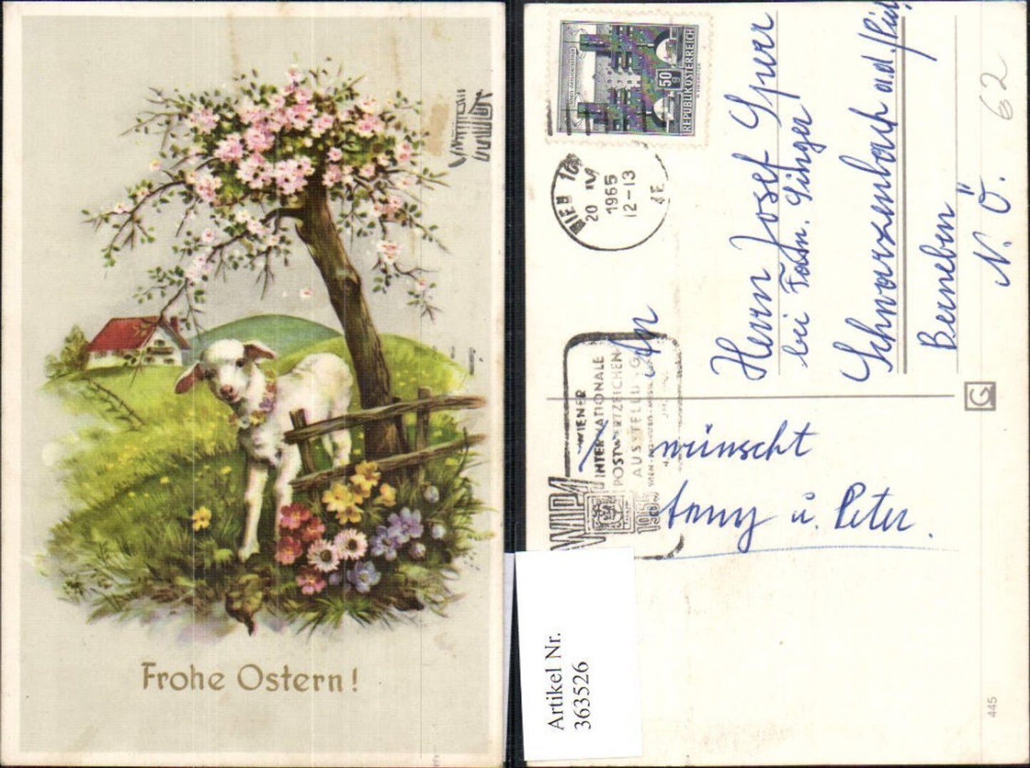 363526,Künstler Ak Ostern Lamm Blütenbaum Blumen Haus Landschaft
