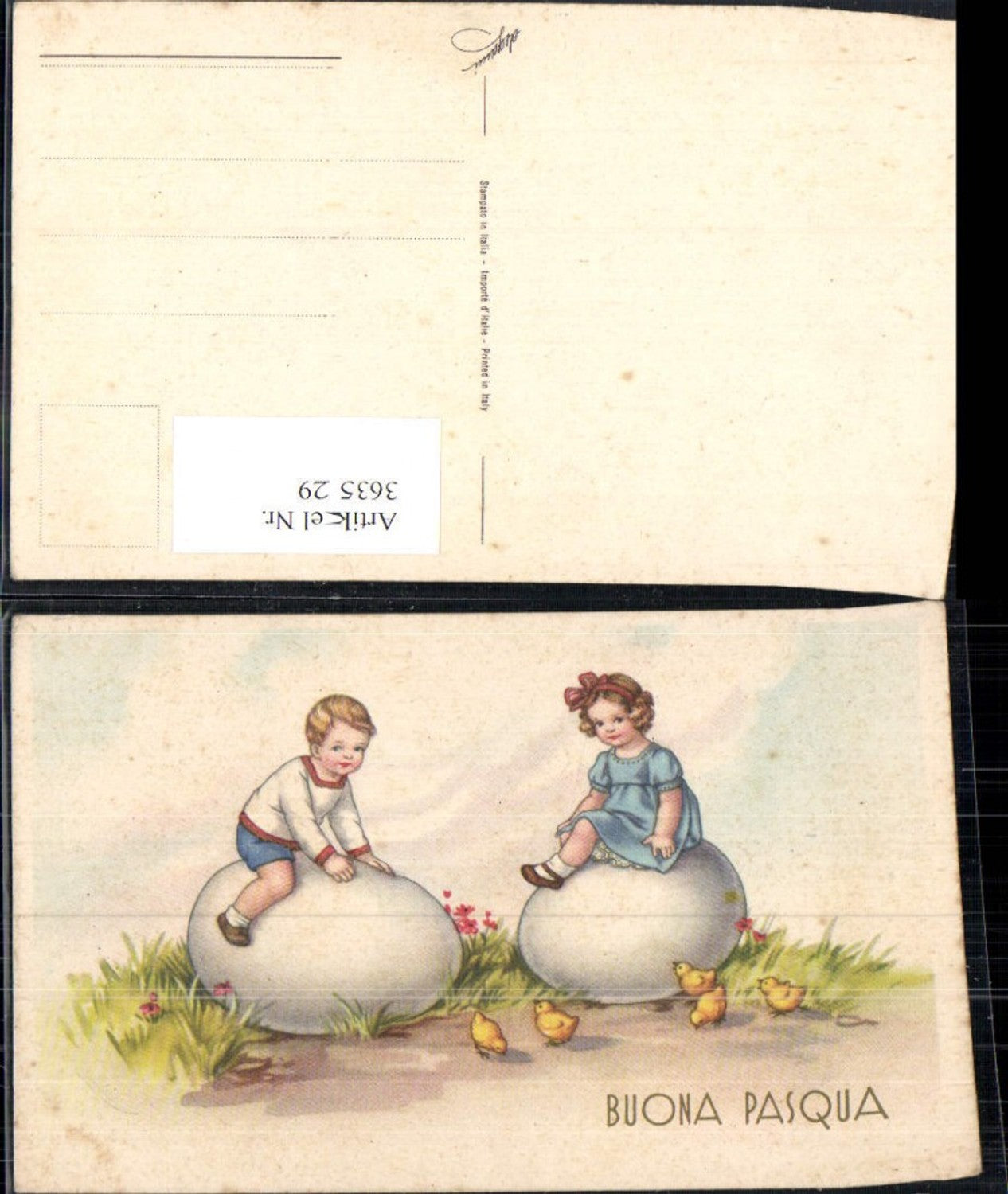 363529,Künstler Ak Ostern Kinder sitzen a. Eier Ostereier Küken Buona Pasqua