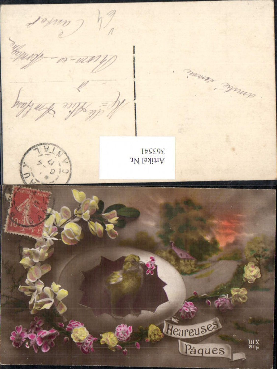 363541,Künstler Ak Ostern Küken i. Eierschale Blumen Blütenzweig Haus Straße pub DIX 811/2