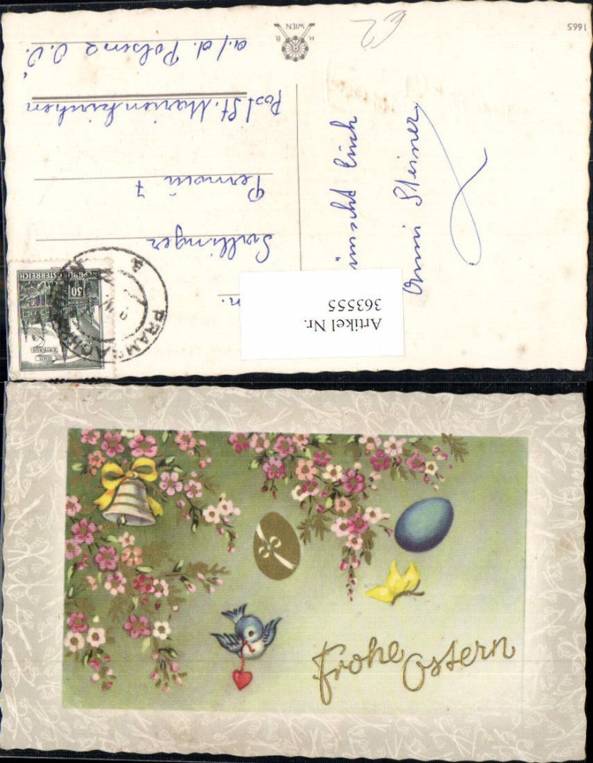 363555, Artist Ak Easter Bird Bell Butterfly Eggs Easter Eggs Flowering Branches Gold Lettering