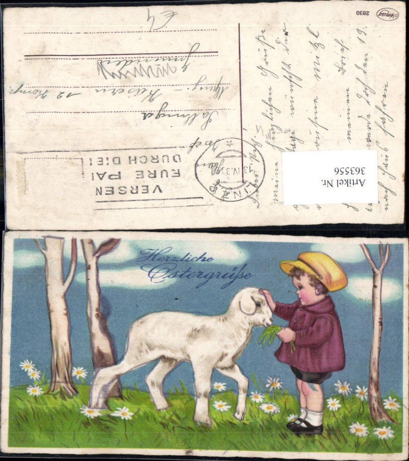 363556, Artist AK Easter Child petting lamb Trees Flower meadow Flowers