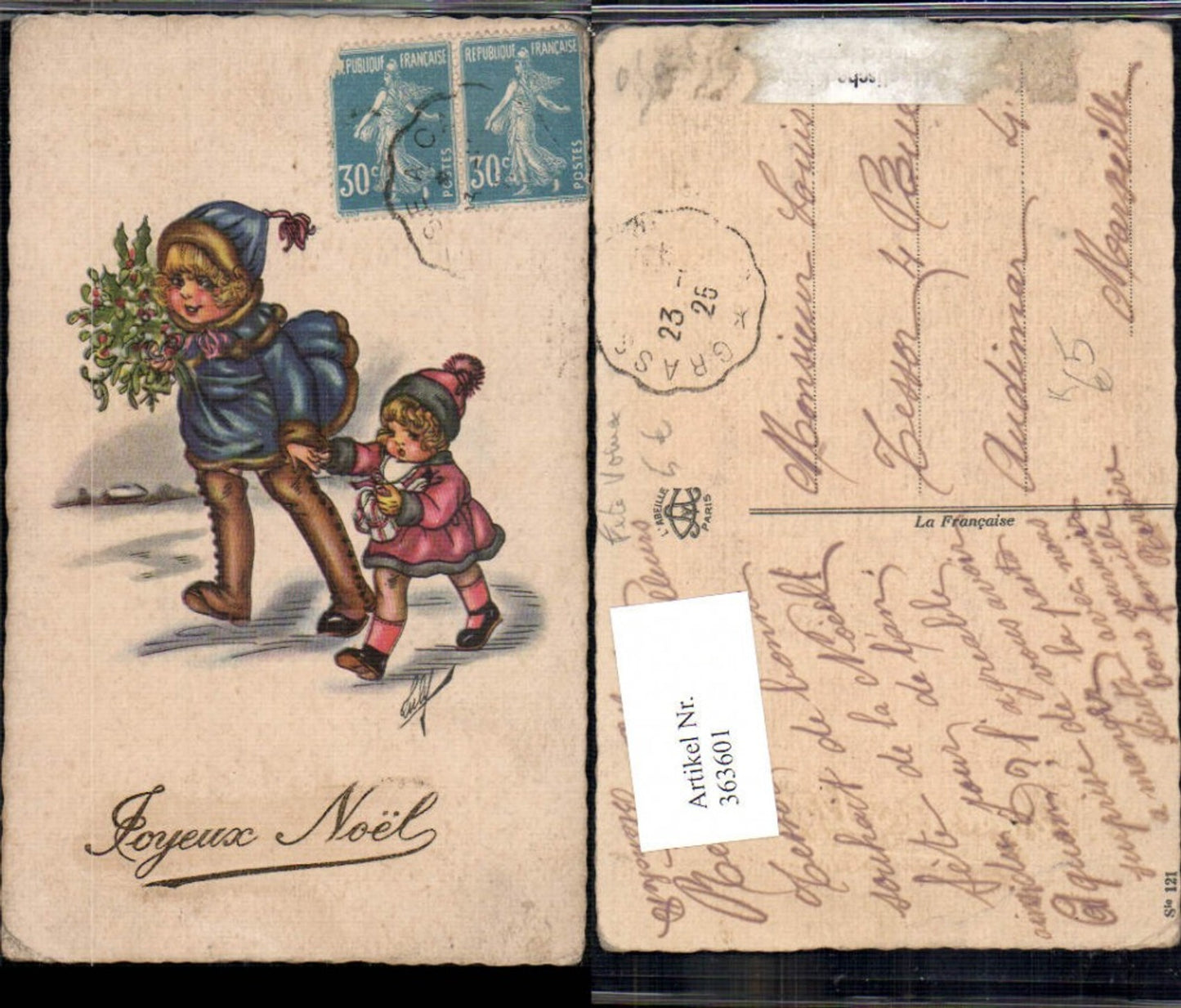363601,Künstler Ak Weihnachten Kinder m. Stechpalmen Strauß