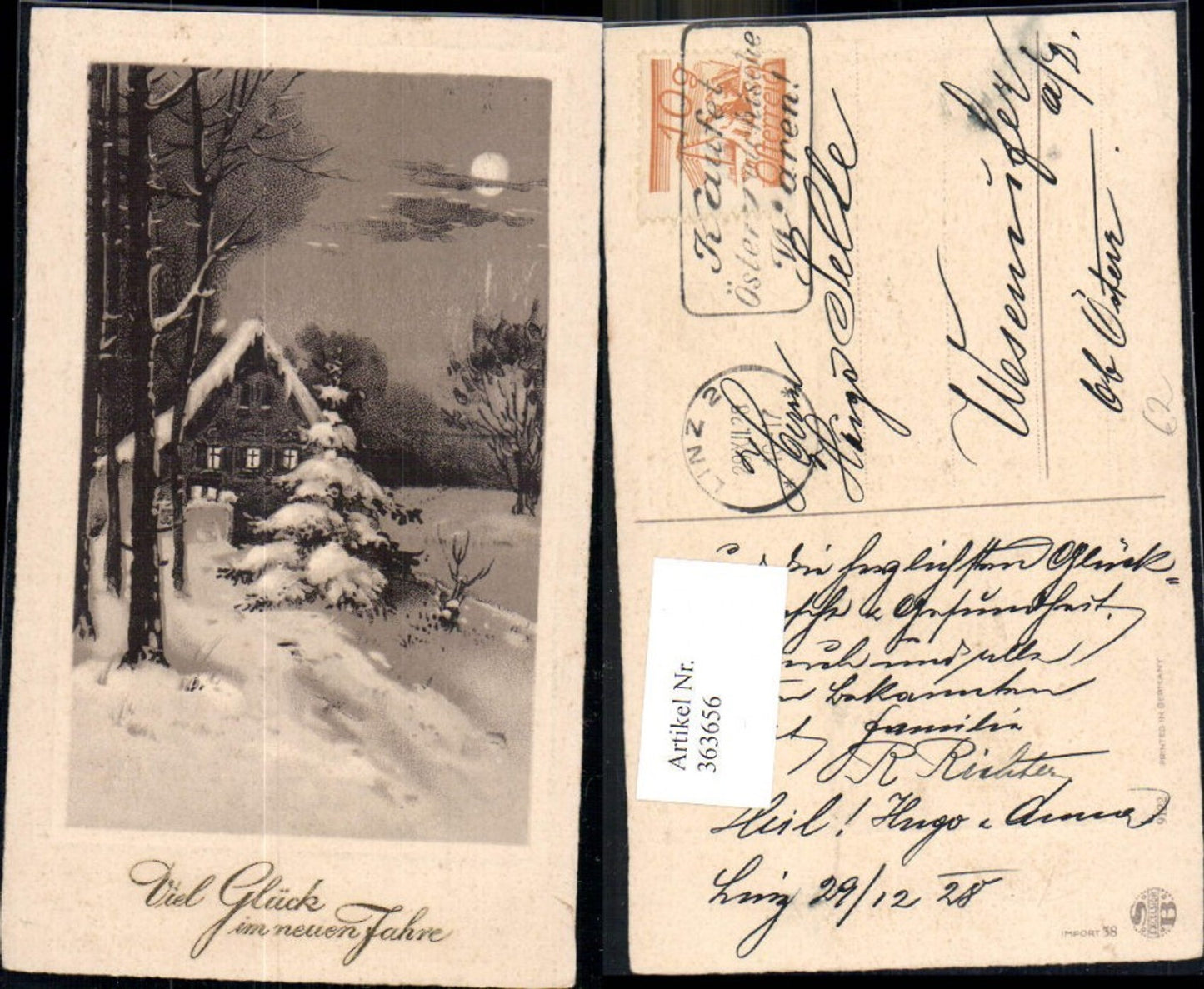 363656,Künstler Ak Neujahr Haus Winterwald b. Mondschein Passepartout