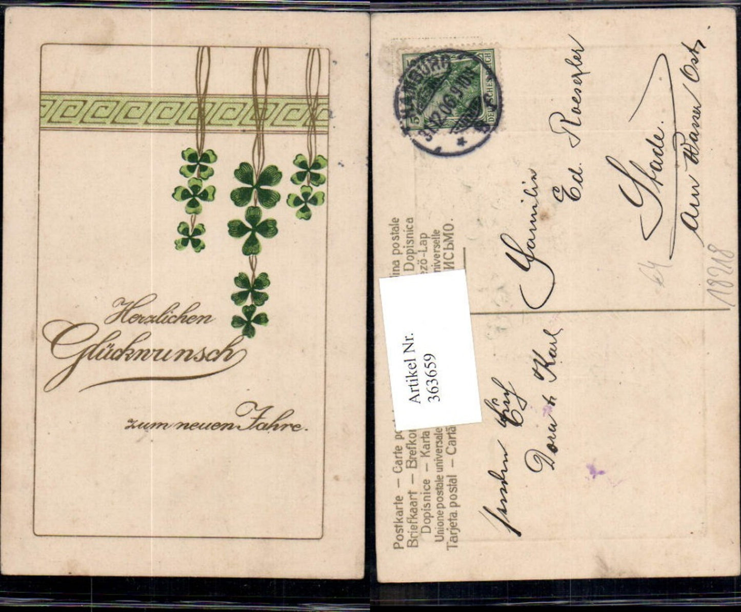 363659,Präge Ak Neujahr Klee Kleeblätter Schleife Ornament Goldschrift