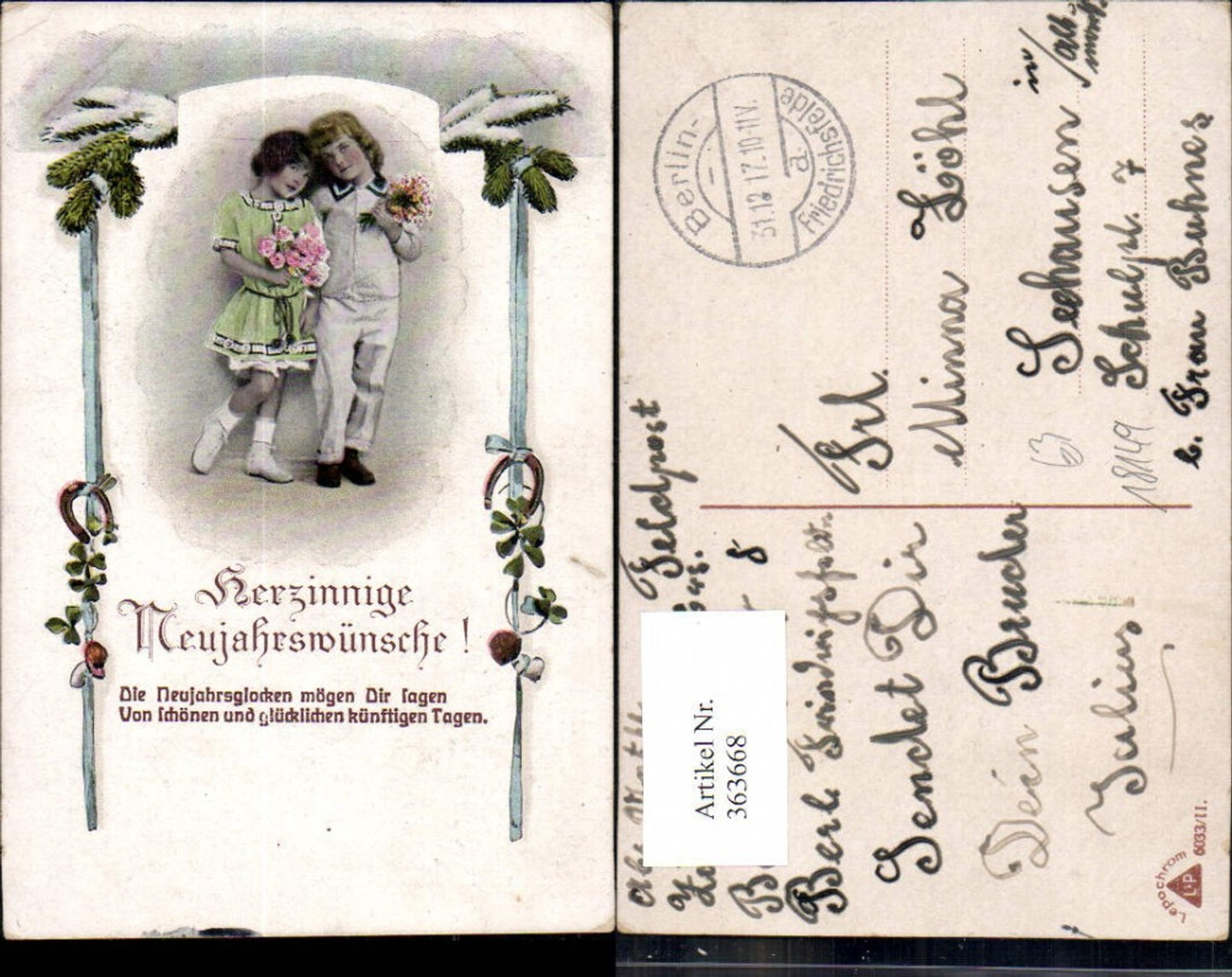 363668,Neujahr Kinder Uniform Matrosenanzug Blumenstrauß Tannenzweig Hufeisen Schleife Spruch