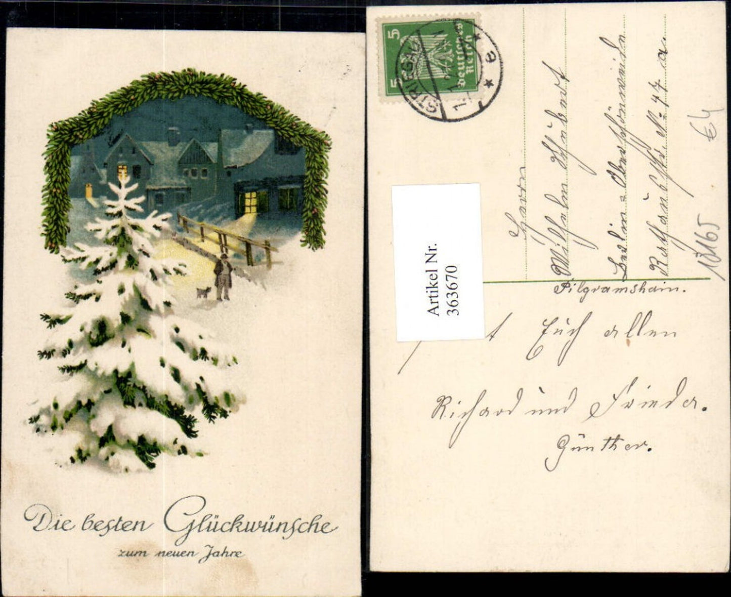 363670,Künstler Ak Neujahr Mann m. Hund Winterdorf b. Nacht Tannenbaum