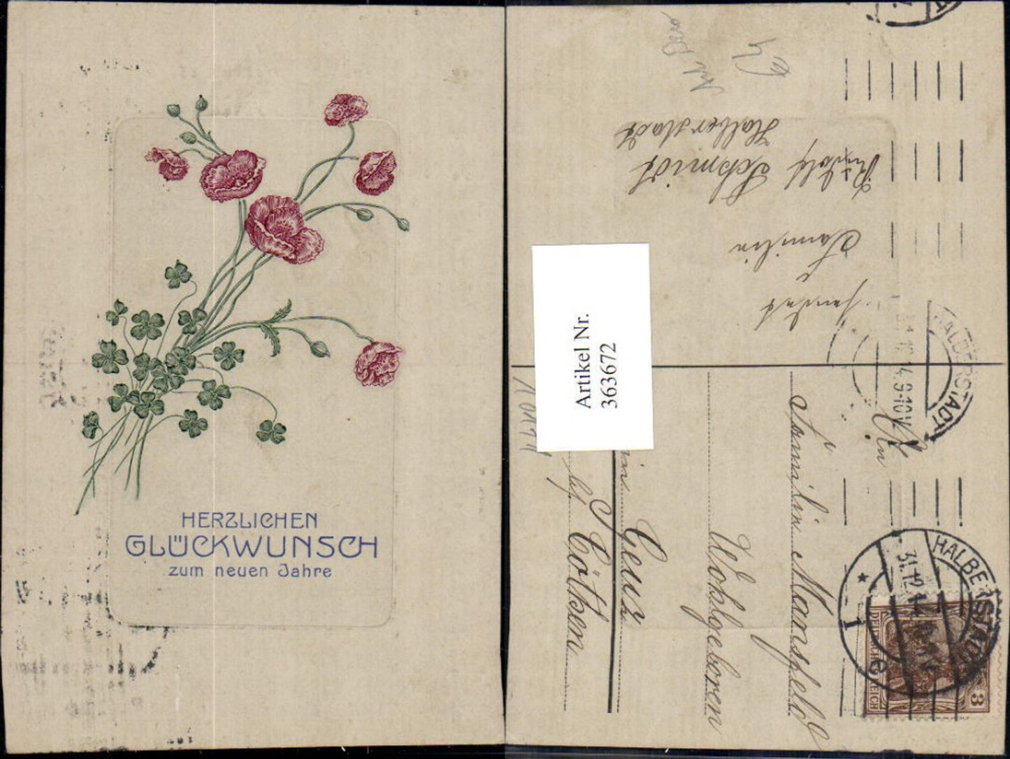 363672,Neujahr Art Deco Blumen Klee Mohnblumen Präge Passepartout