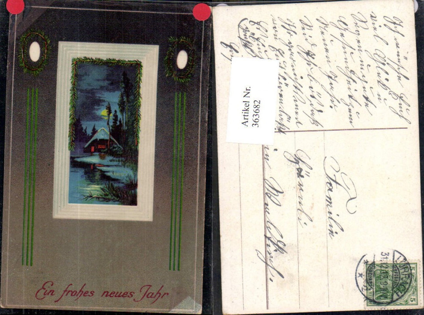363682,Künstler Ak Neujahr Haus Winterlandschaft b. Mondschein Passepartout Tannenkranz