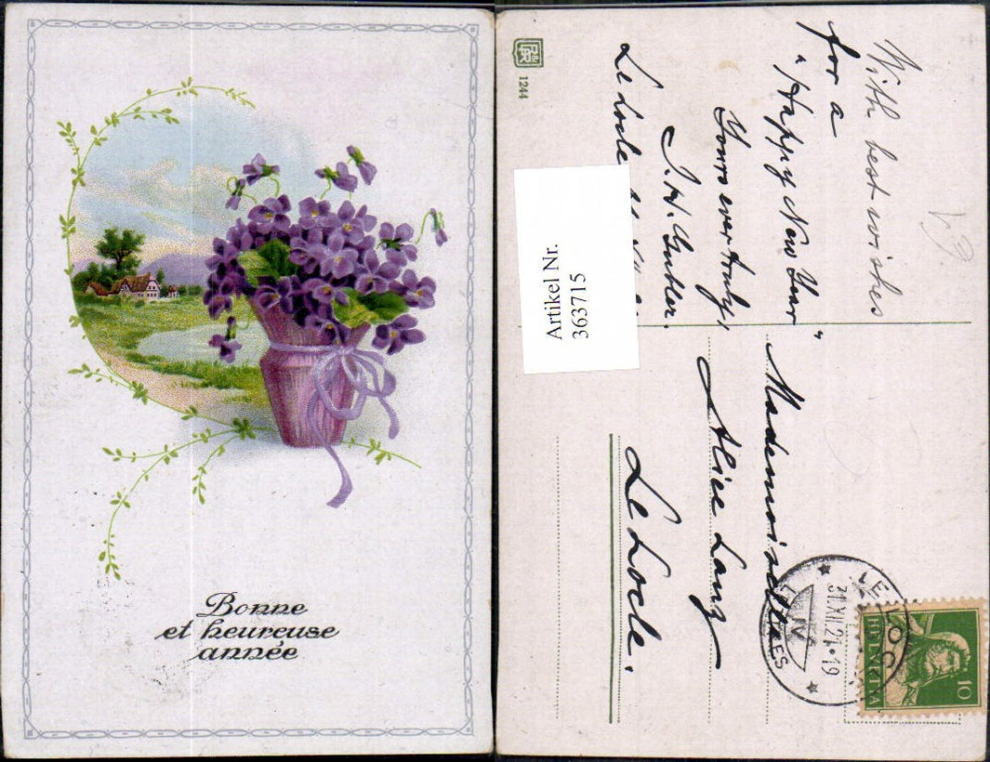 363715,Künstler Ak Neujahr Haus Landschaft Topf m. Veilchen Blumen