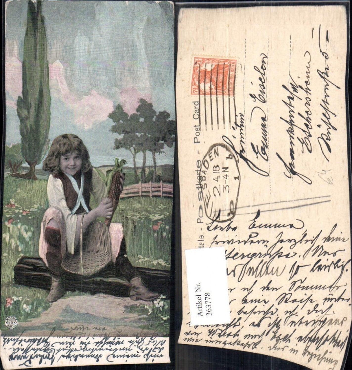 363778,Kind Mädchen m. Korb Maiskolben Landschaft