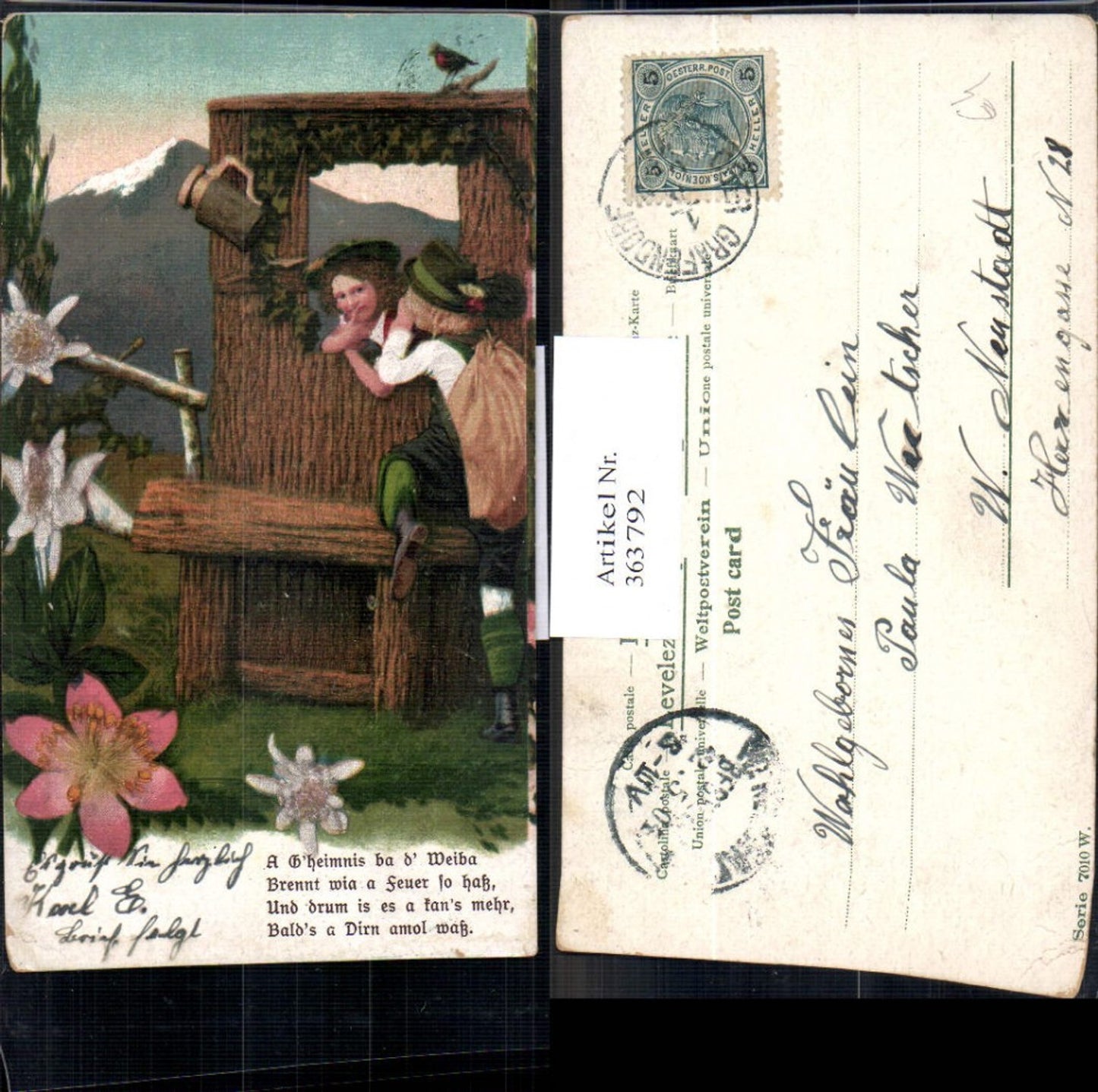 363792,Kinder Tracht Fenster Bank Bergkulisse Blumen Edelweiß Spruch