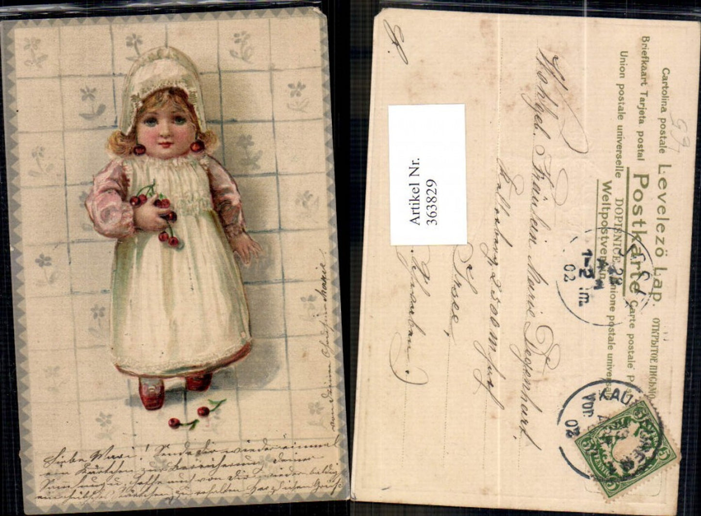 363829,Präge Litho Kind Mädchen Tracht Niederlande Kirschen