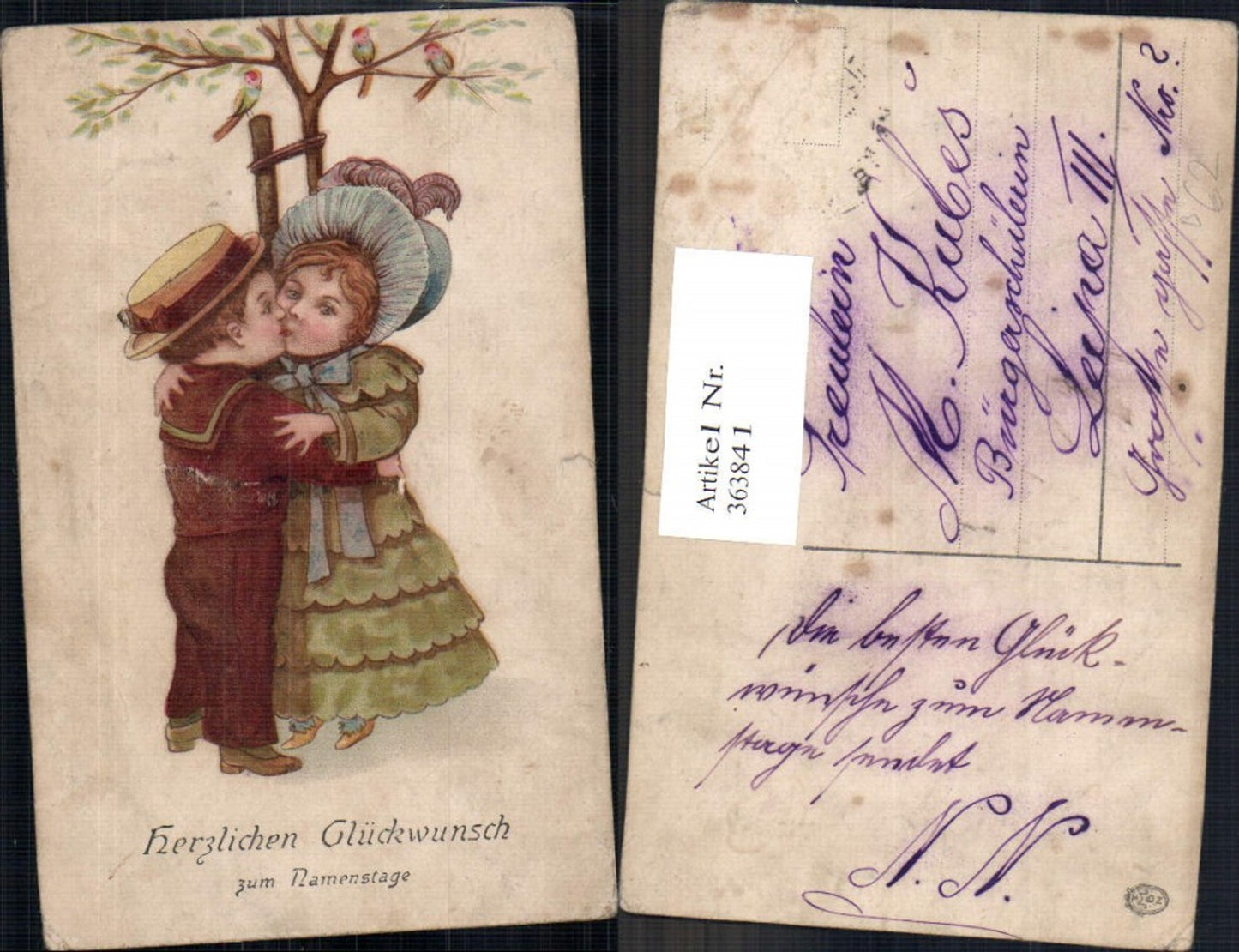 363841,Künstler Ak Kinder Kuss Baum Vögel Namenstag