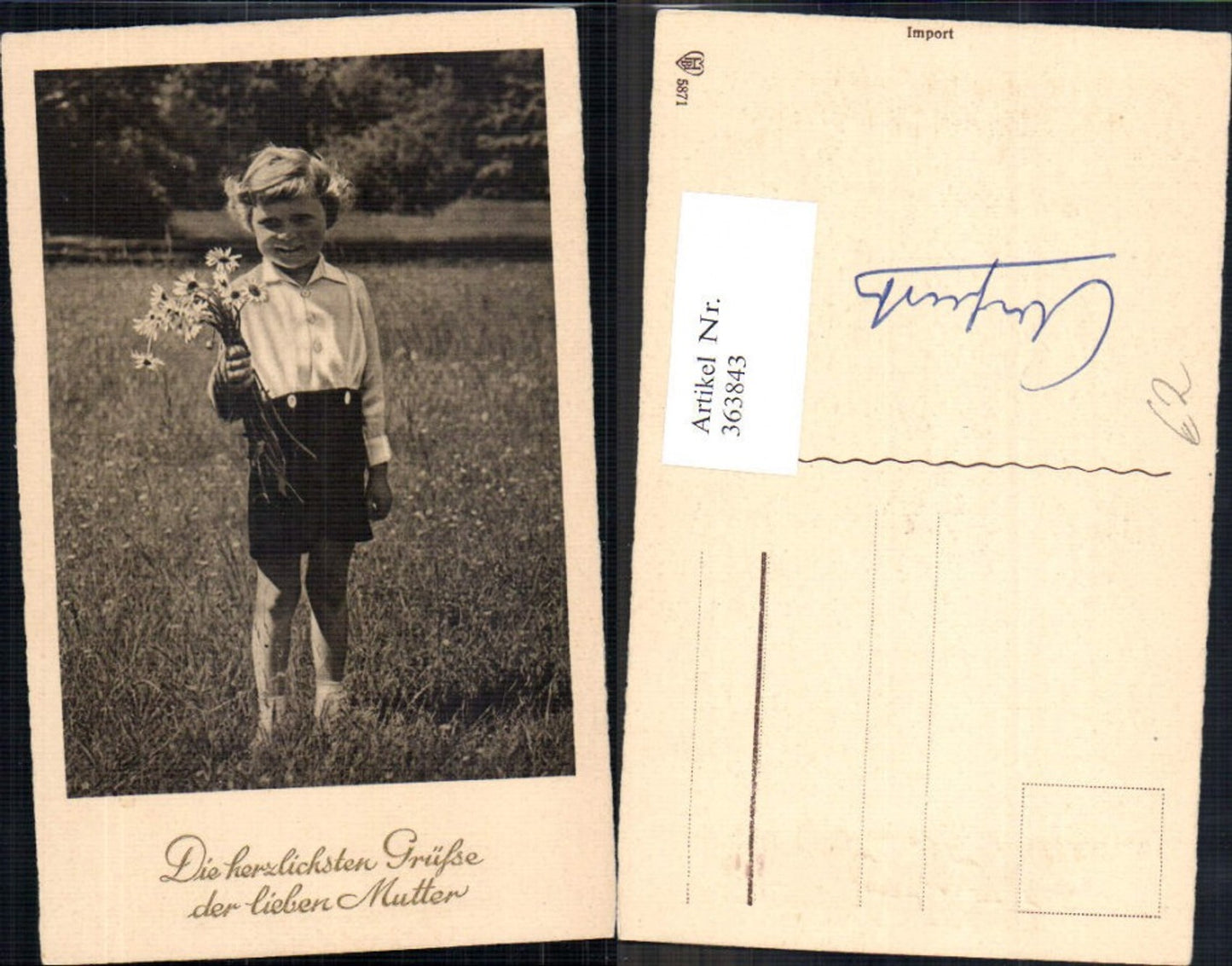 363843,Foto Ak Kind Bub Junge m. Margeriten Blumen a. Wiese Goldschrift pub