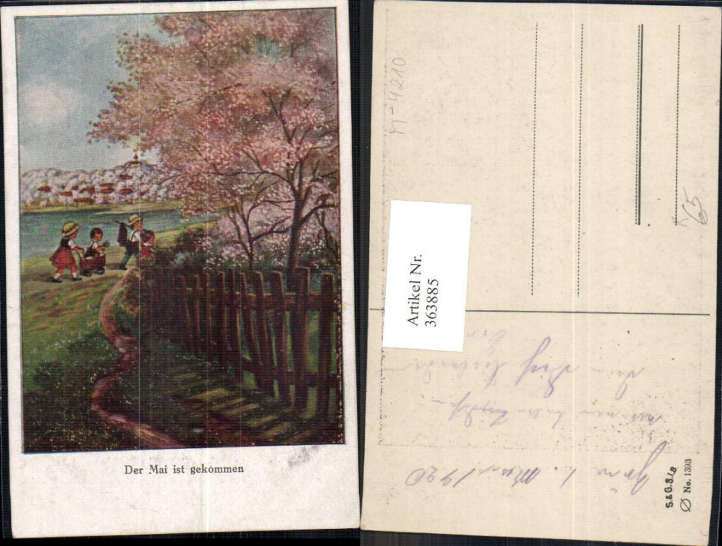 363885, Artist AK Children strolling Doll carriage Tree blossom May has come