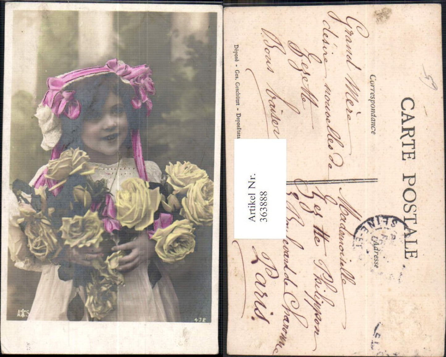 363888,Kind Mädchen m. Hut Haube Rosen Blumen