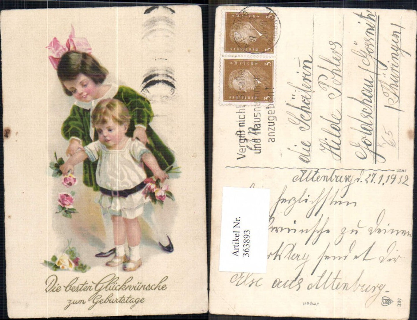 363893,Künstler Ak Kinder Mädchen Haarschleife Rosen Blumen Goldschrift