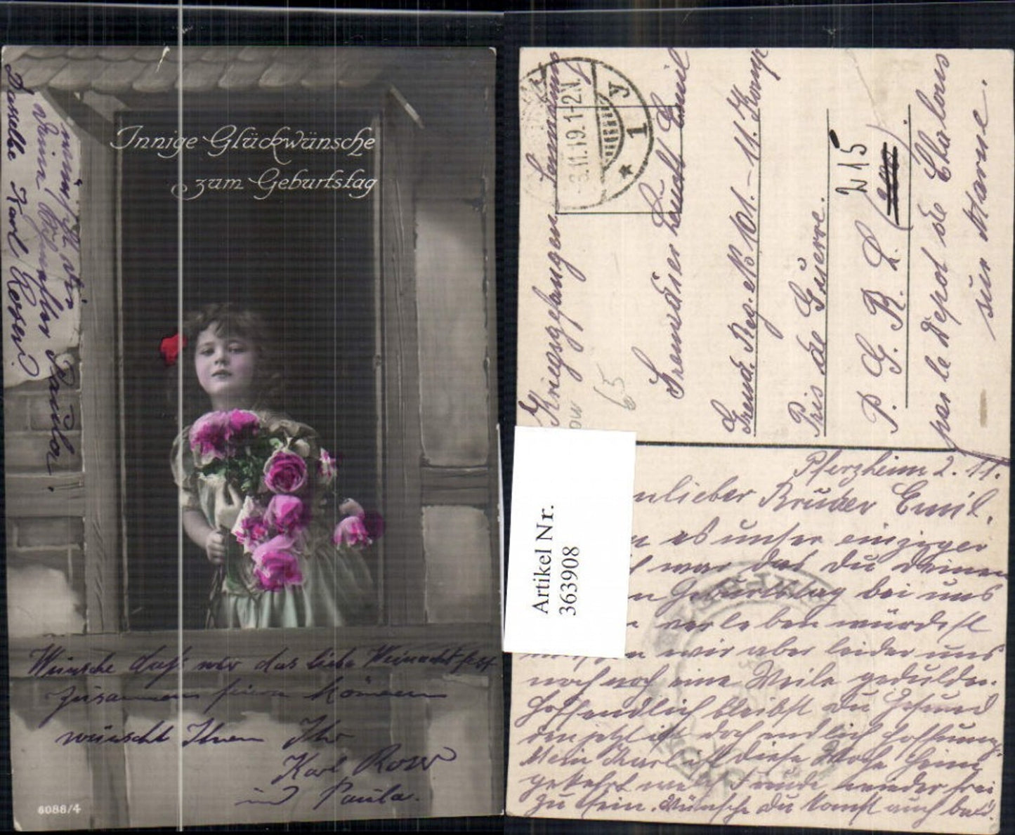 363908,Kind Mädchen Haarschleife Rosenstrauß Blumen i. Fenster Geburtstag POW