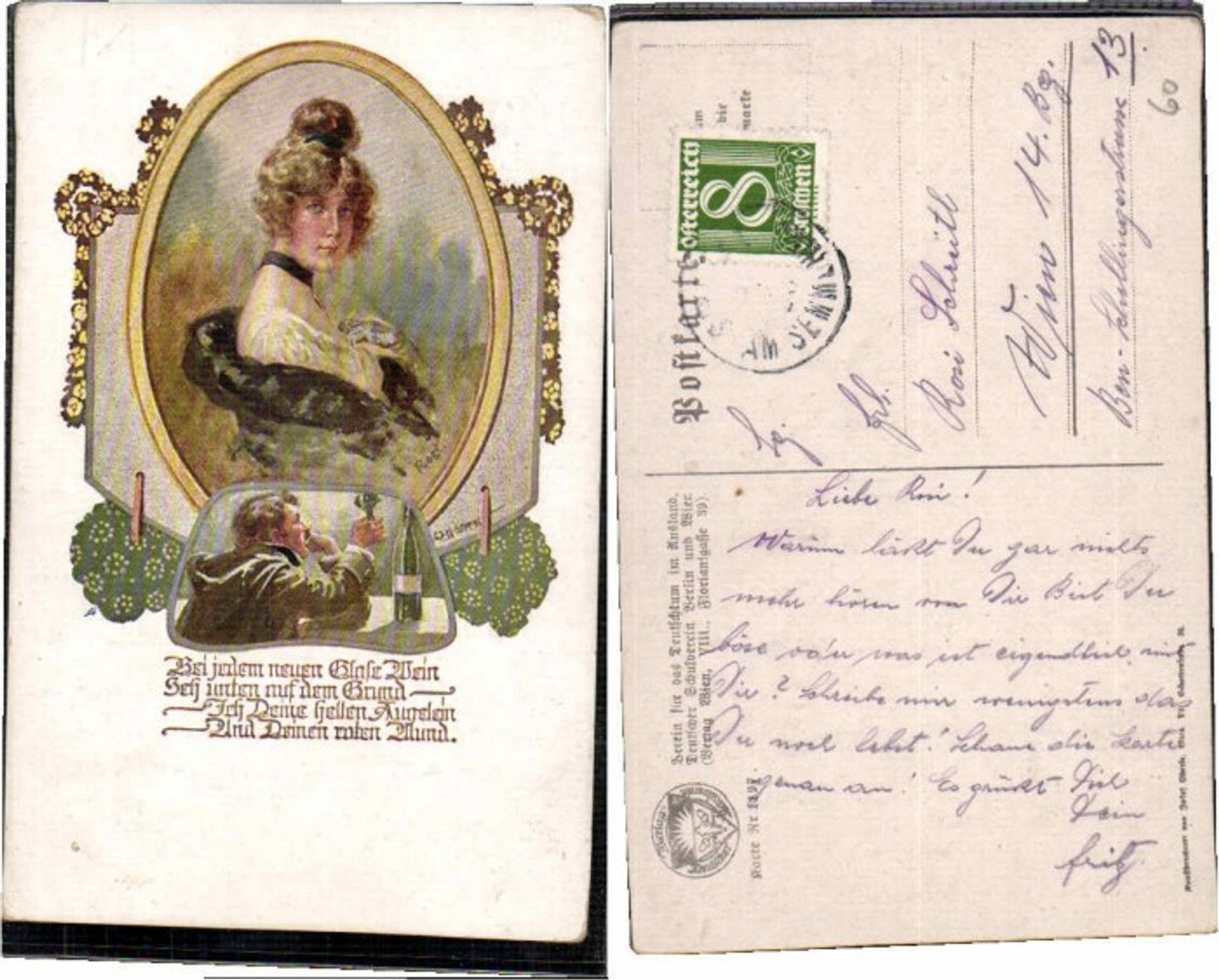 63016, German School Association 1197 WH Brown Woman Art Nouveau Man Drinks Wine