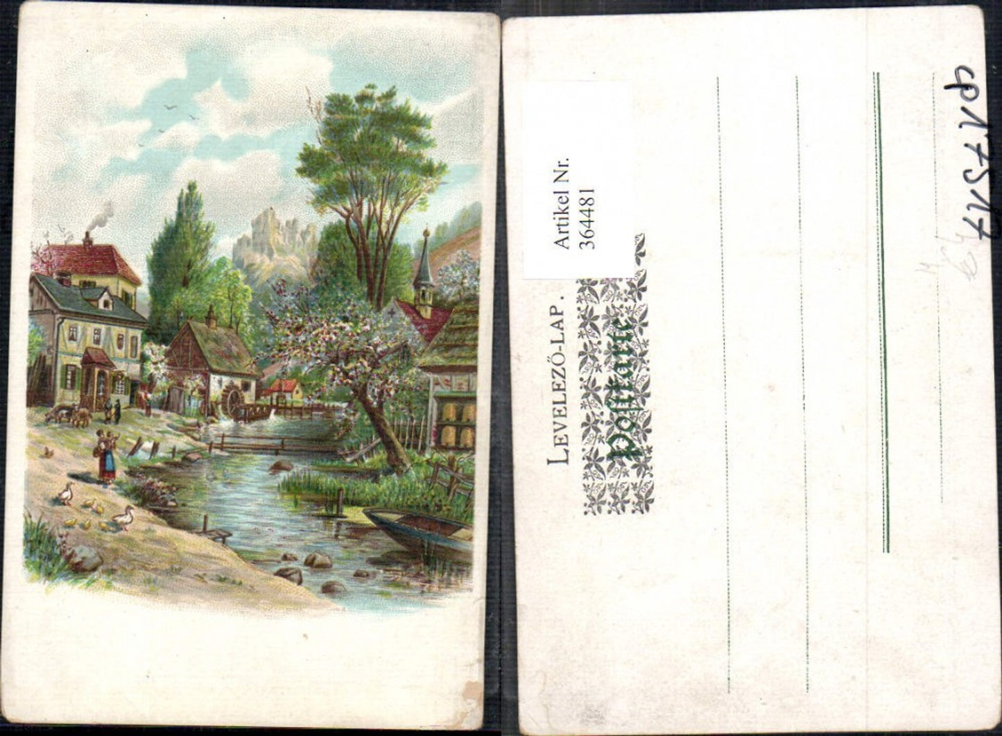 364481, Artist Ak Watermill Village River Rowboat Boat