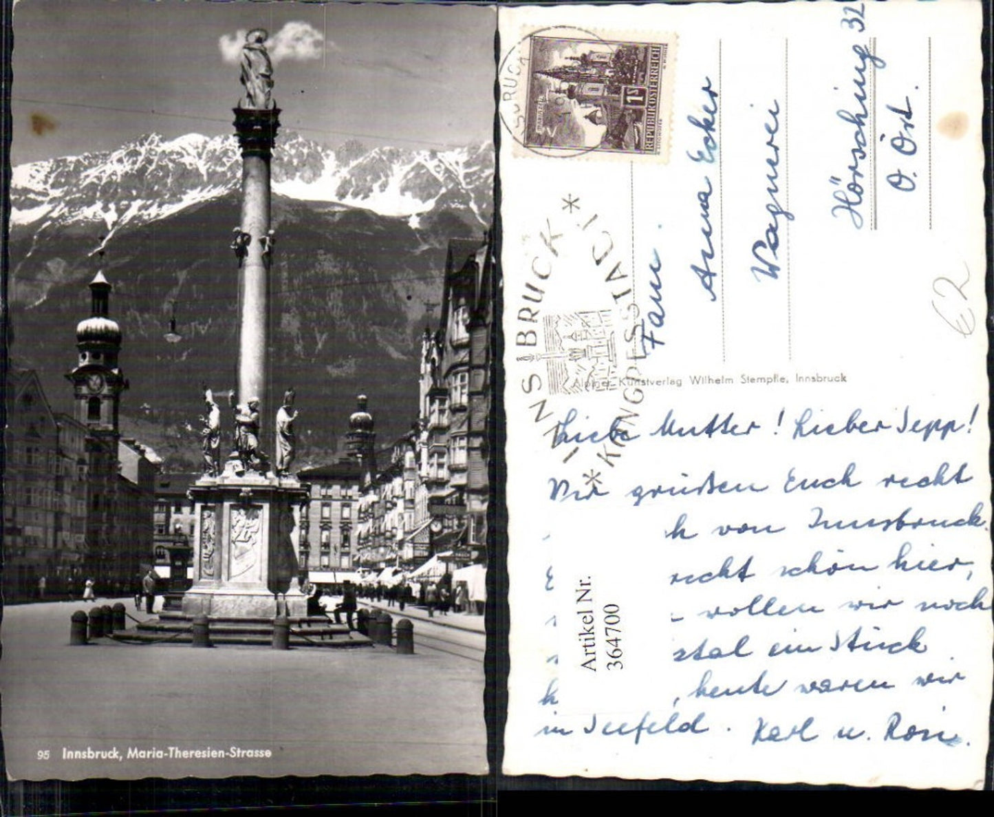 364700,Foto Ak Innsbruck Maria Theresienstraße m. Nordkette Statue Säule