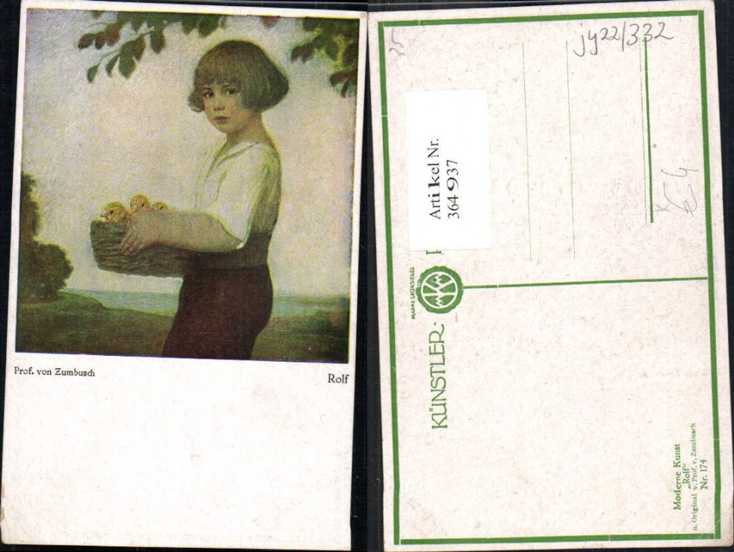 364937,Künstler Ak Prof. von Zumbusch Rolf Kind m. Korb Küken