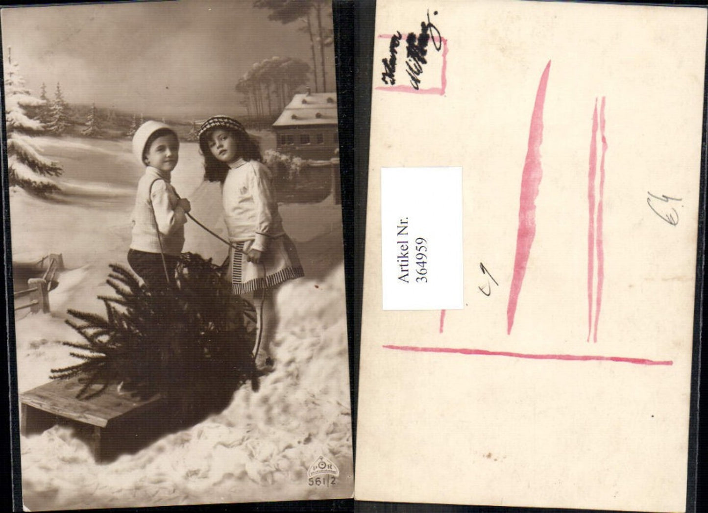 364959,Fotomontage Kinder m. Schlitten Winterlandschaft