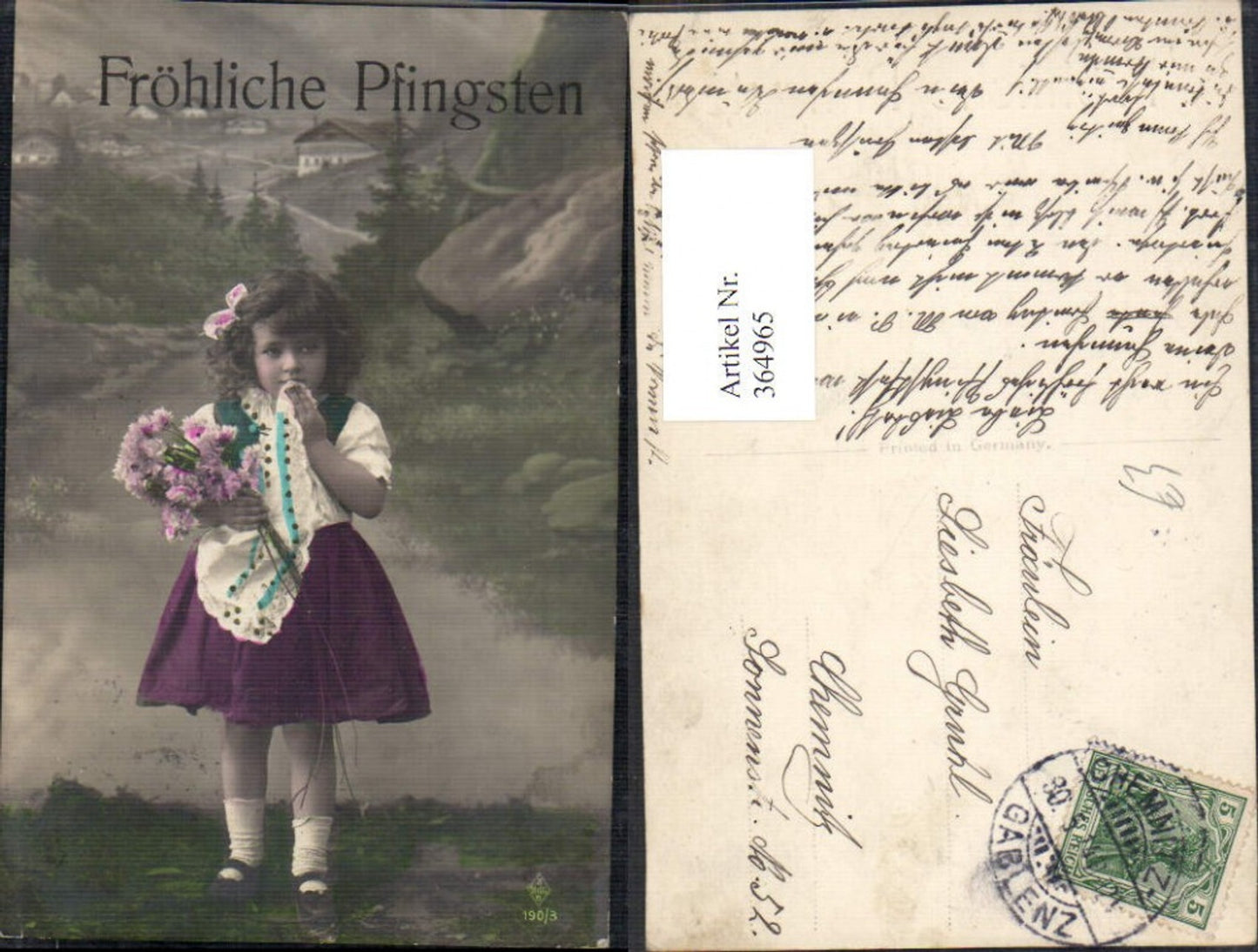 364965,Kind Mädchen Tracht Haarschleife Blumenstrauß Pfingsten