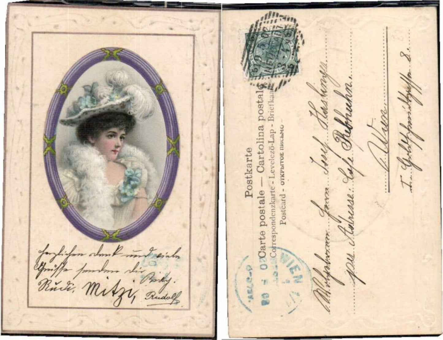 63961,Jugendstil Präge AK Frau Hut Glamour Mode Federhut