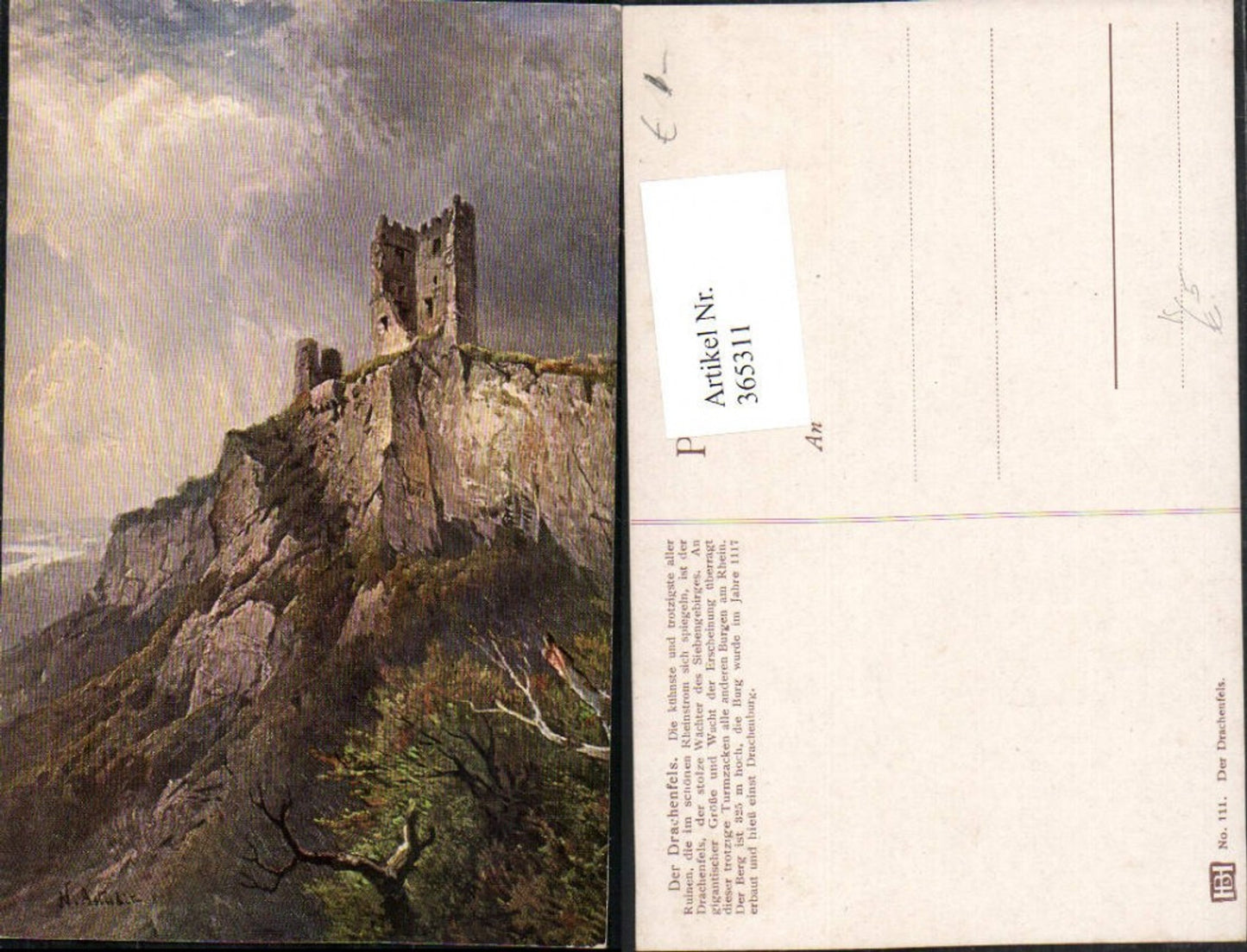 365311,Künstler AK N. Astudin Burg Ruine Drachenfels b. Königswinter