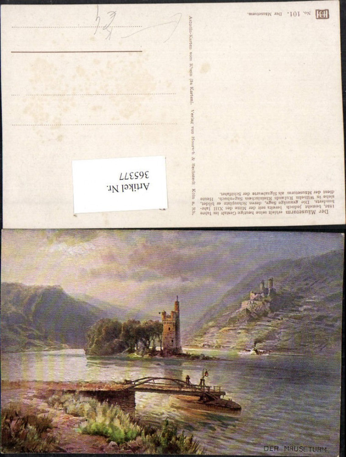 365377,Künstler AK Astudin Mäuseturm u. Ruine Ehrenfels b. Bingen am Rhein