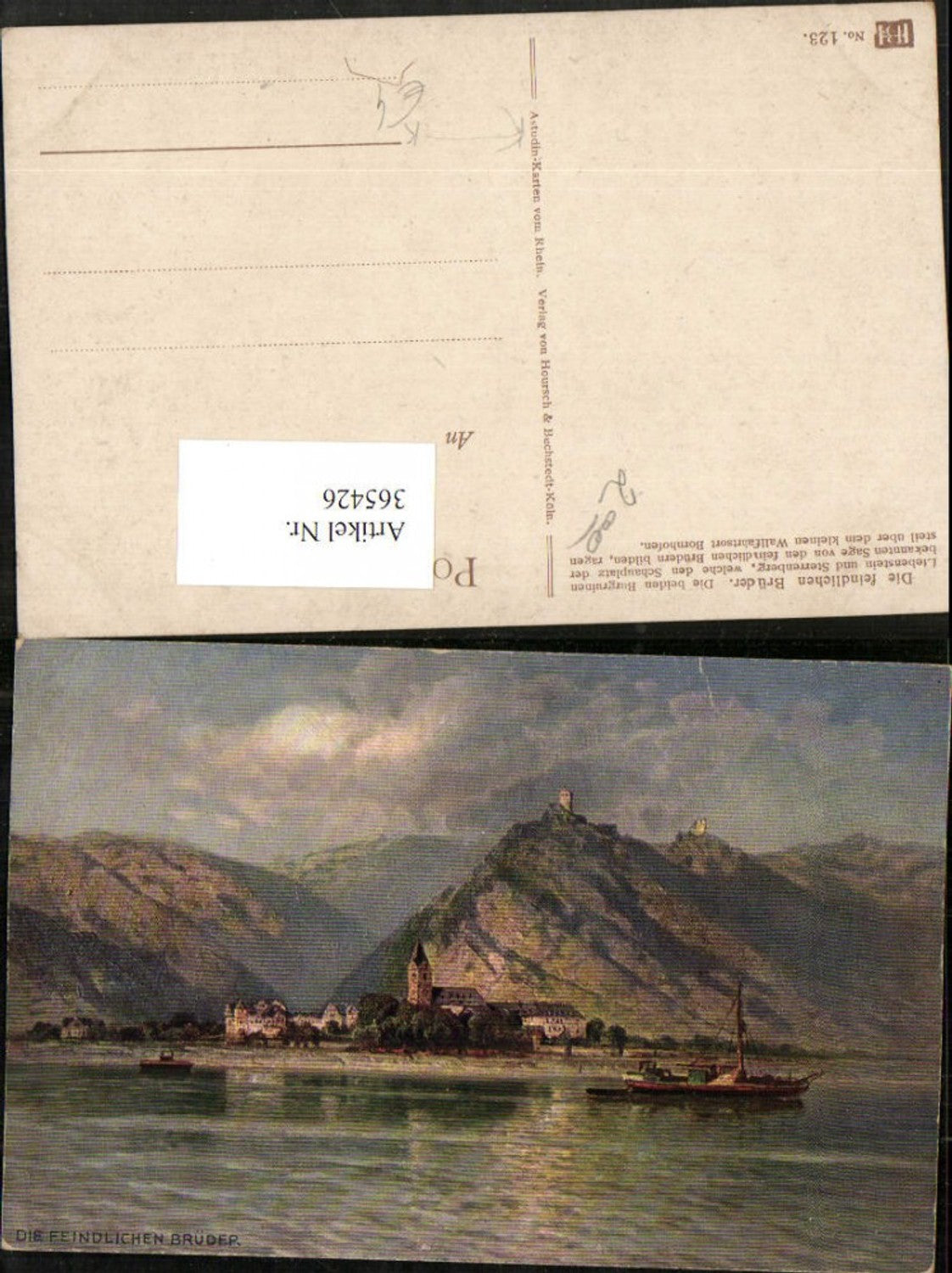 365426,Künstler AK N. Astudin Burgruinen Liebenstein u. Sterrenberg b. Bornhofen Totale