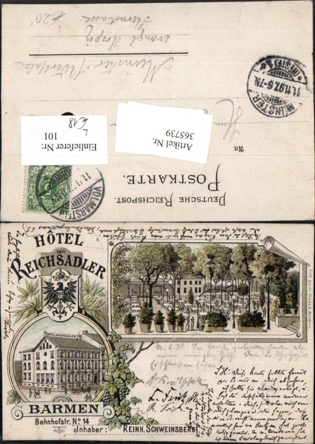 365739,Litho Barmen Hotel zum Reichsadler Terrasse Mehrbildkarte