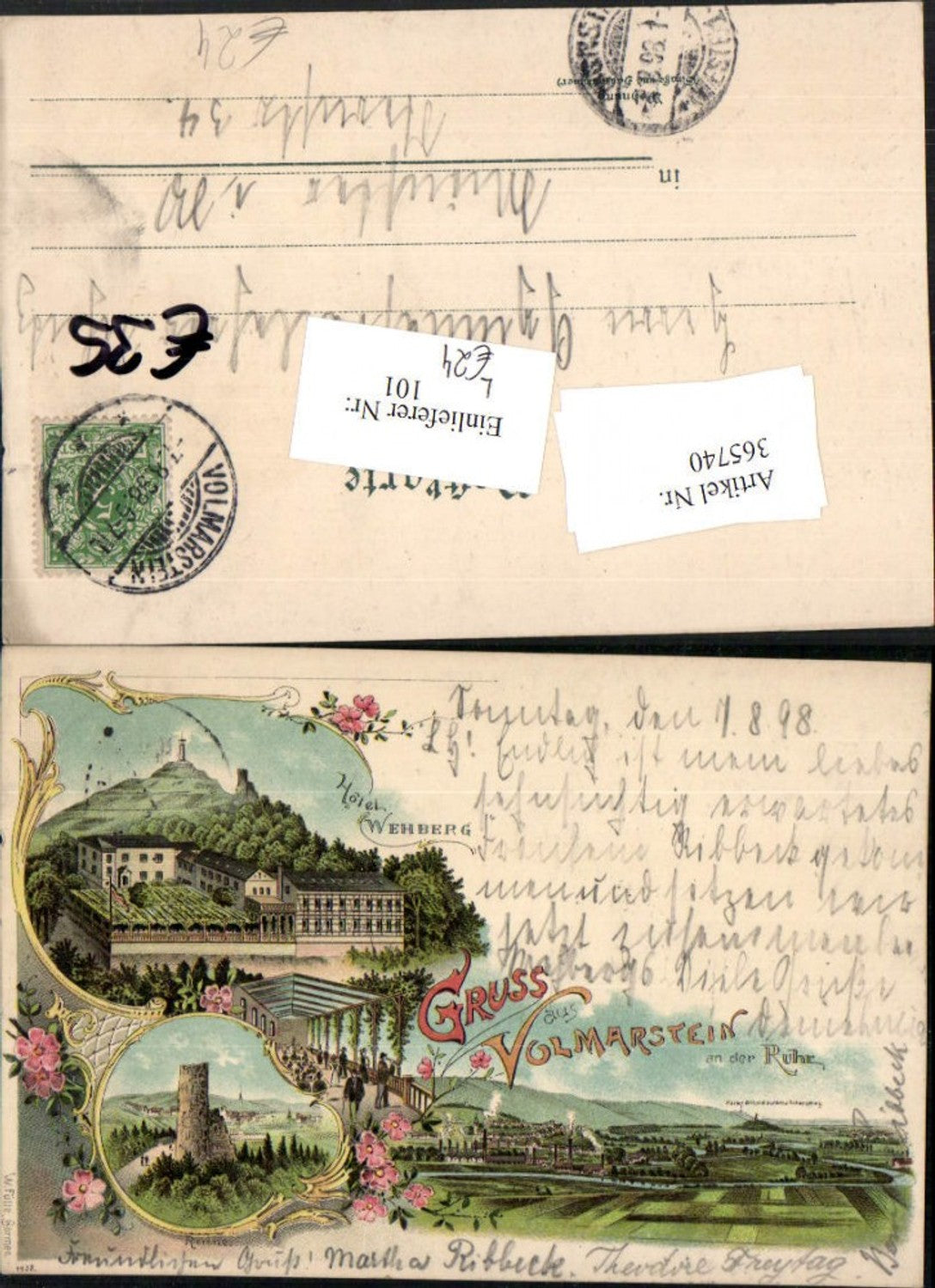 365740,Litho Gruß aus Volmarstein an d. Ruhr Totale Hotel Wehberg Ruine Mehrbildkarte