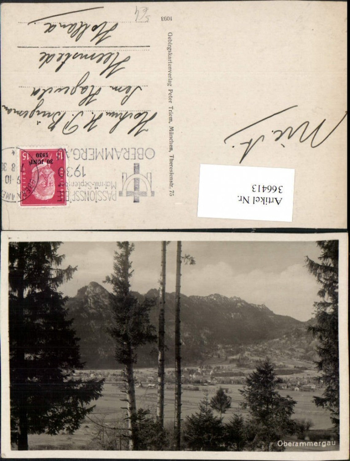 366413,Blick auf Oberammergau Totale Bergkulisse Passionsspiele 1930 Stempel