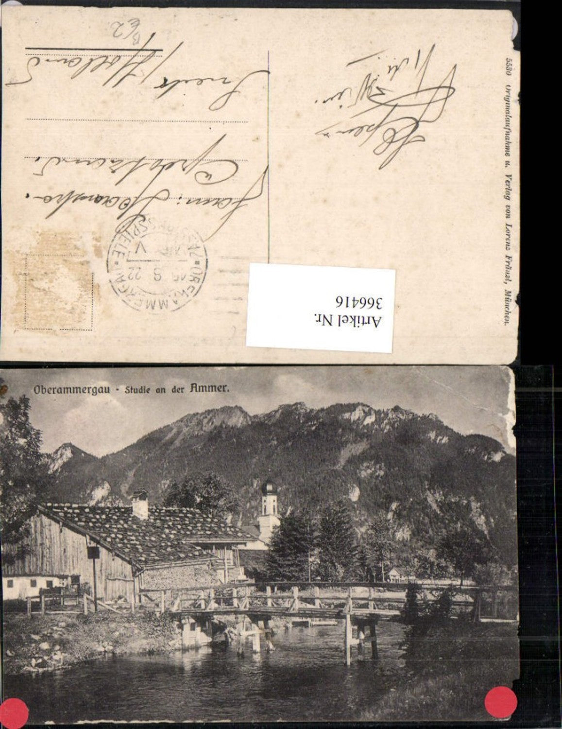 366416,Oberammergau Studie an d. Ammer Brücke Kirche Bergkulisse