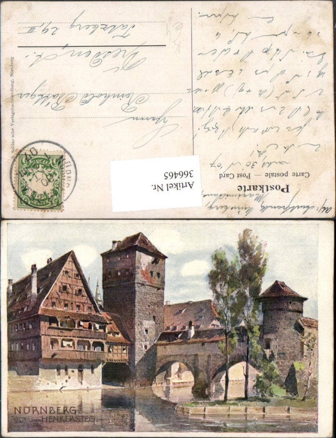 366465,Künstler AK Nürnberg Henkersteg Brücke Turm