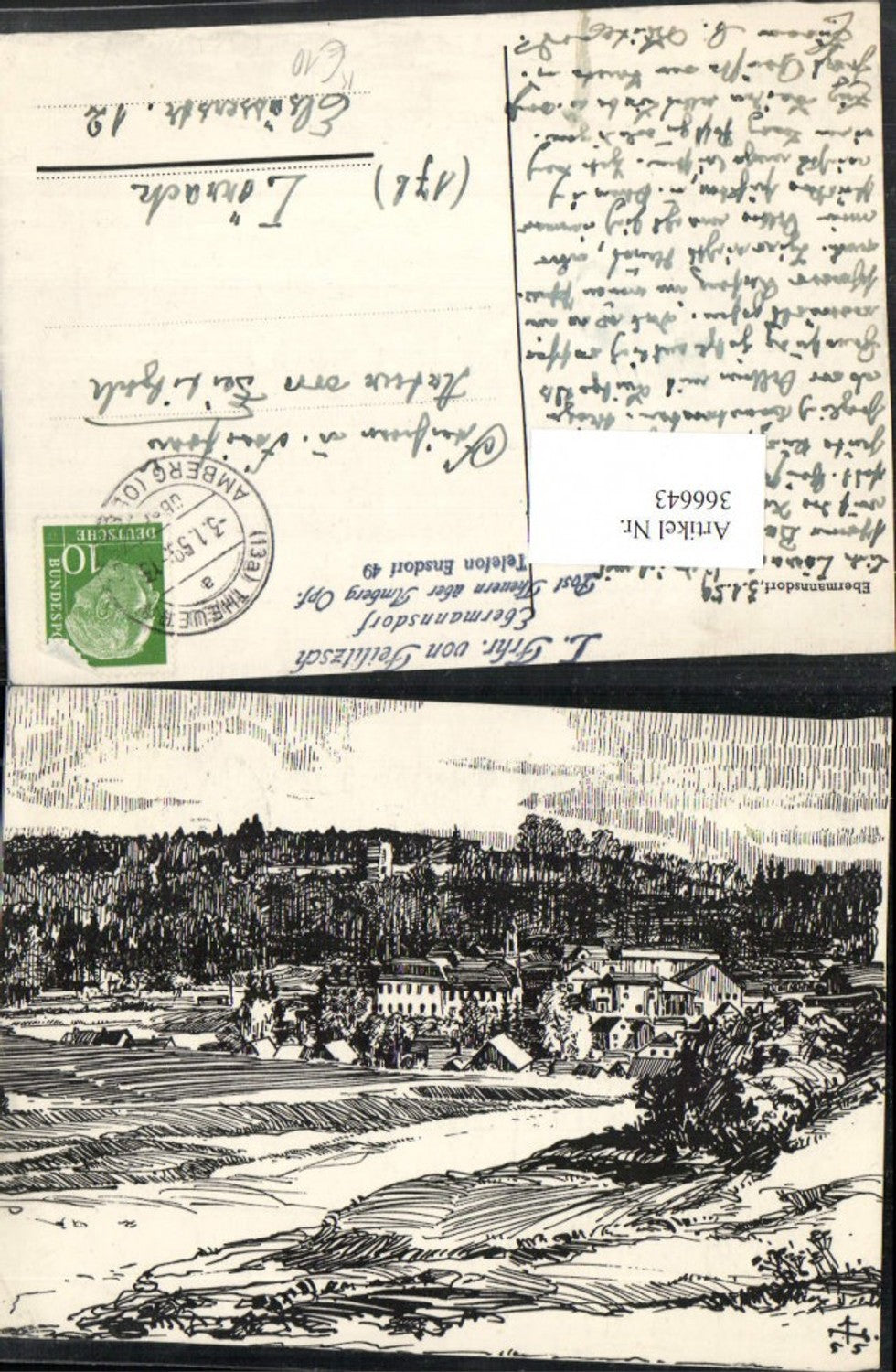 366643,Künstler AK Ebermansdorf Totale m. Burgruine Eberburg