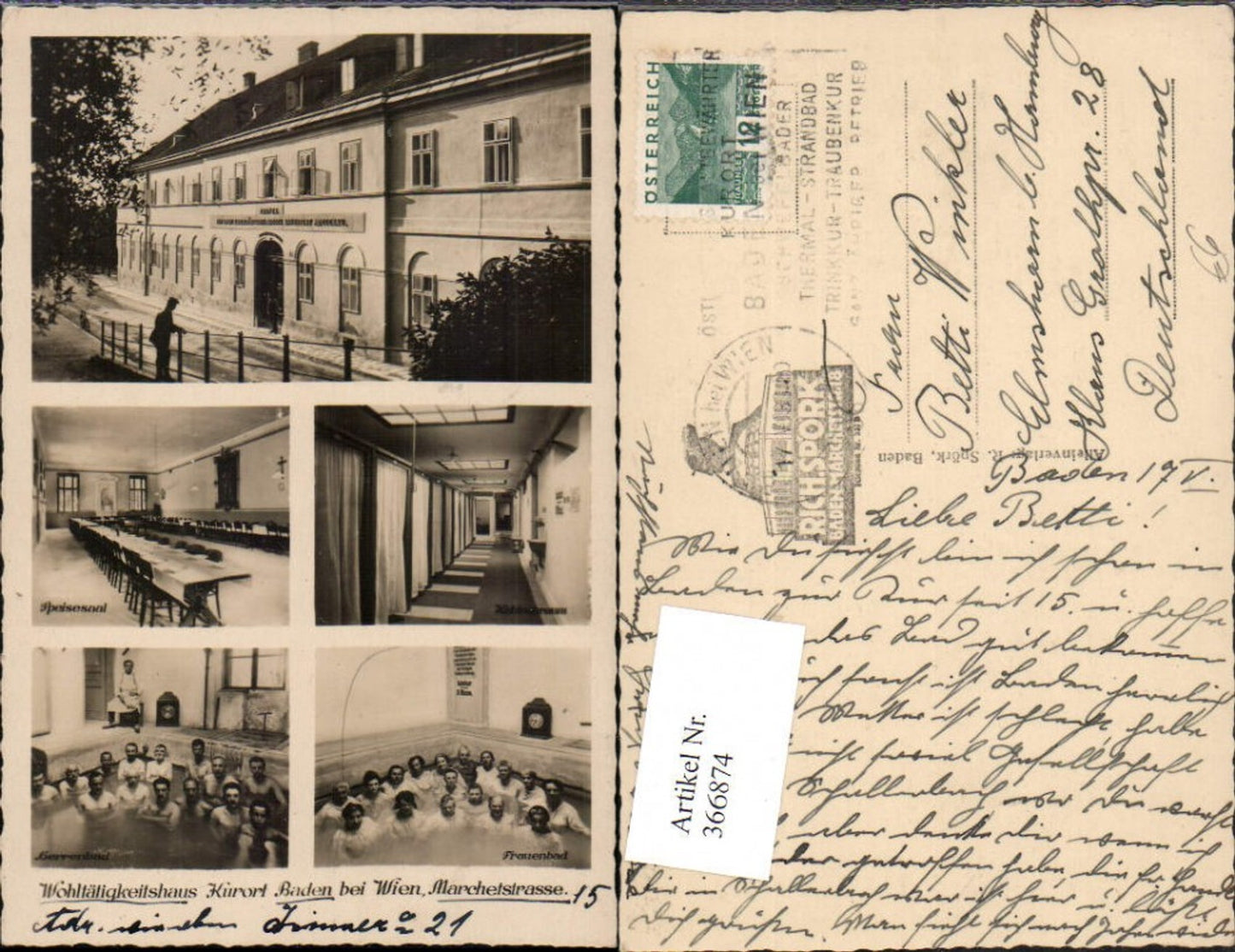366874,Baden b. Wien Wohltätigkeitshaus Speisesaal Frauen- und Herrenbad Mehrbildkarte
