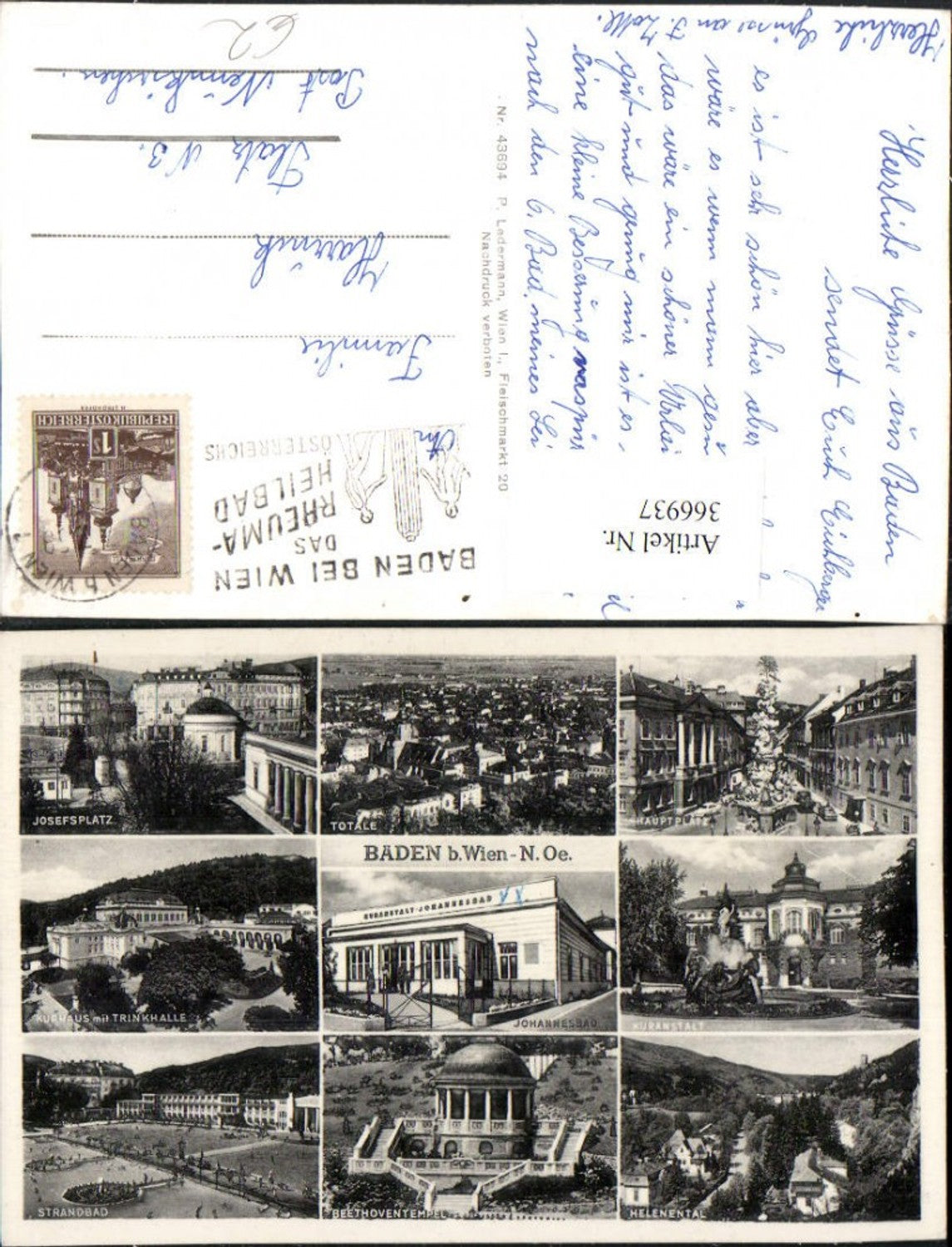 366937,Baden b. Wien Totale Hauptplatz Kuranstalt Strandbad Helenental Mehrbildkarte