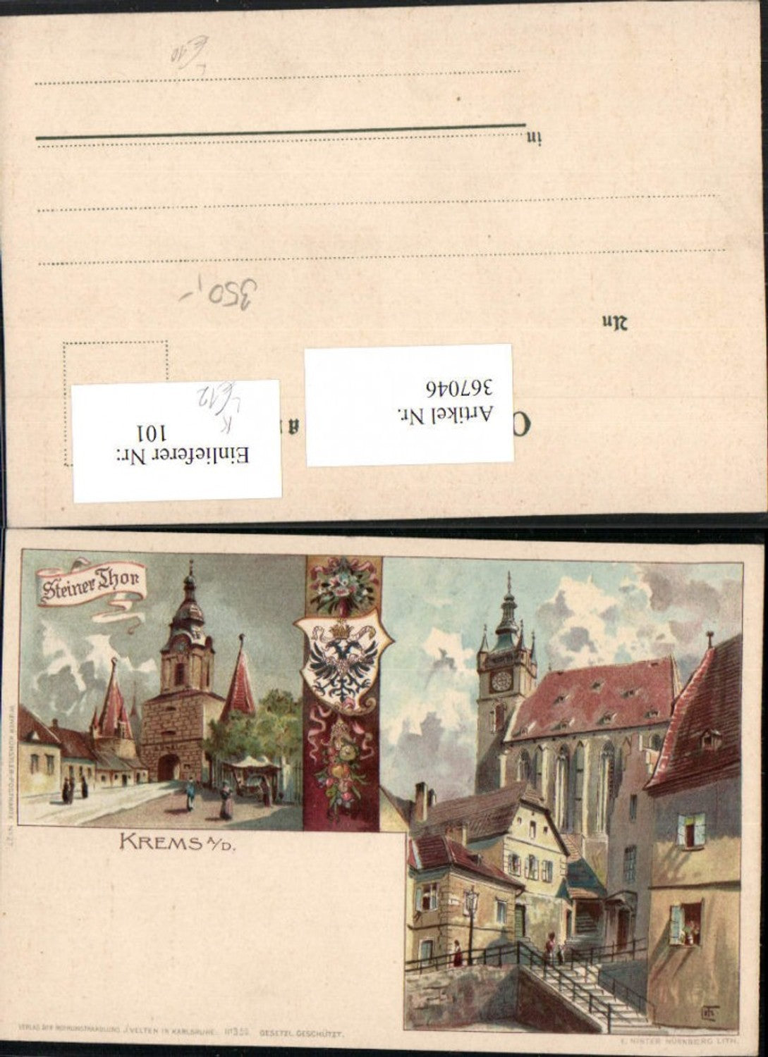 367046,Künstler Litho Krems an d. Donau Steiner-Tor Kirche Mehrbildkarte pub J. Velten 352