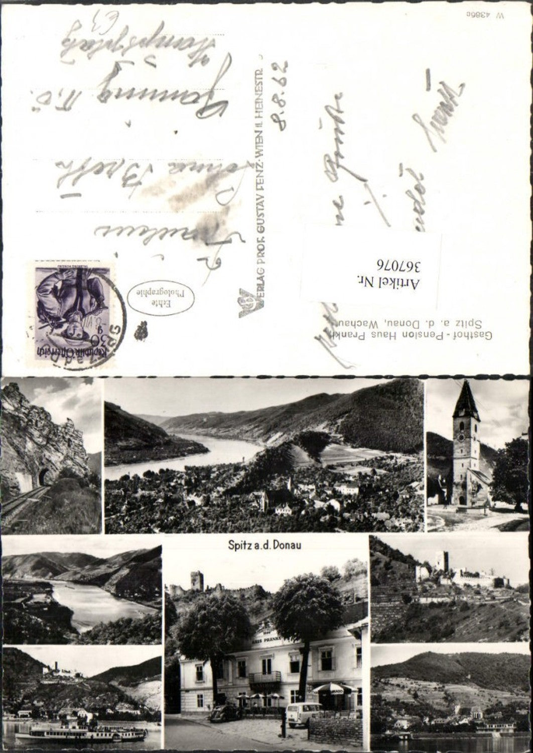 367076,Spitz an d. Donau Totale Gasthof Haus Prankl Kirche Dampfer Ruine Mehrbildkarte