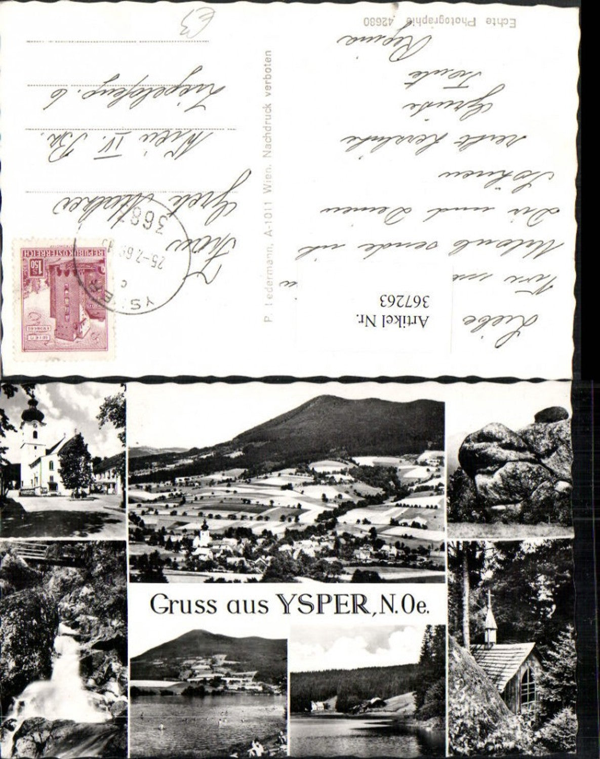 367263,Gruß aus Ysper Totale Kirche Wasserfall Felsen Mehrbildkarte