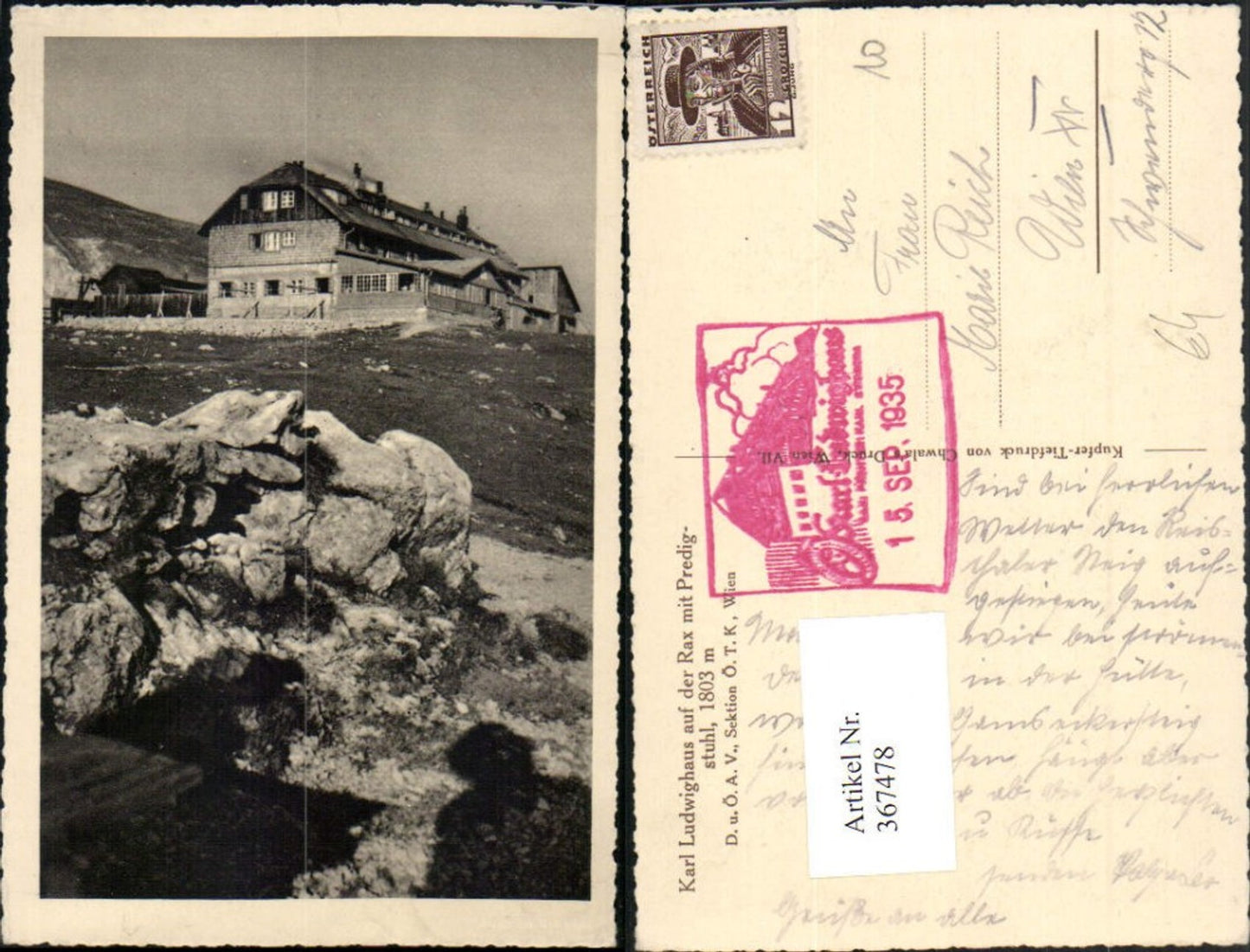 367478,Karl Ludwig-Haus Berghütte auf d. Rax b. Prein m. Predigstuhl