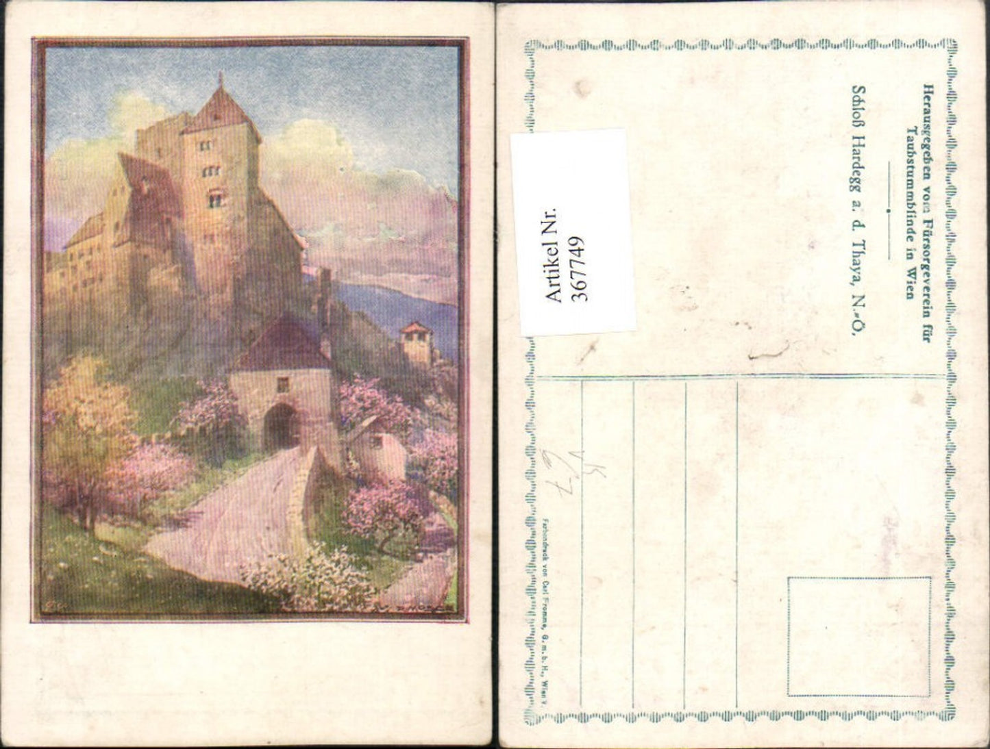 367749,Künstler AK R. Moser Schloss Burg Hardegg an d. Thaya pub Fürsorgeverein f. Taubstummblinde