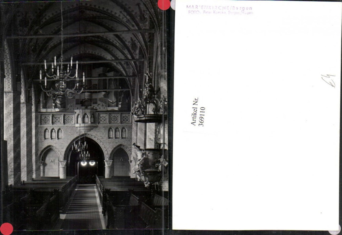 369110,Fotokarte Bergen auf Rügen Marienkirche Innenansicht Kanzel Orgel