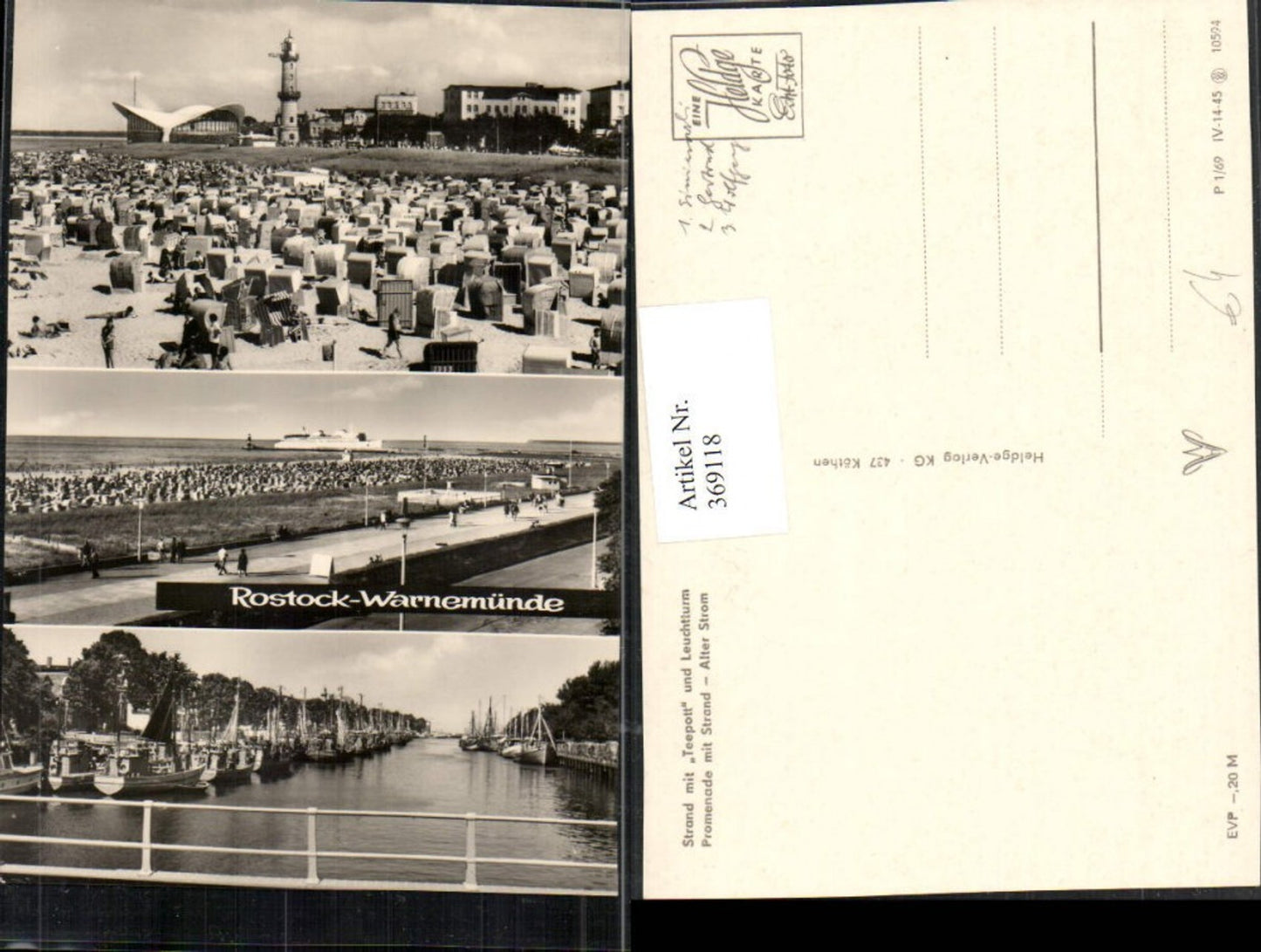 369118,Rostock Warnemünde Strand m. Teepott Leuchtturm Strandleben Mehrbildkarte