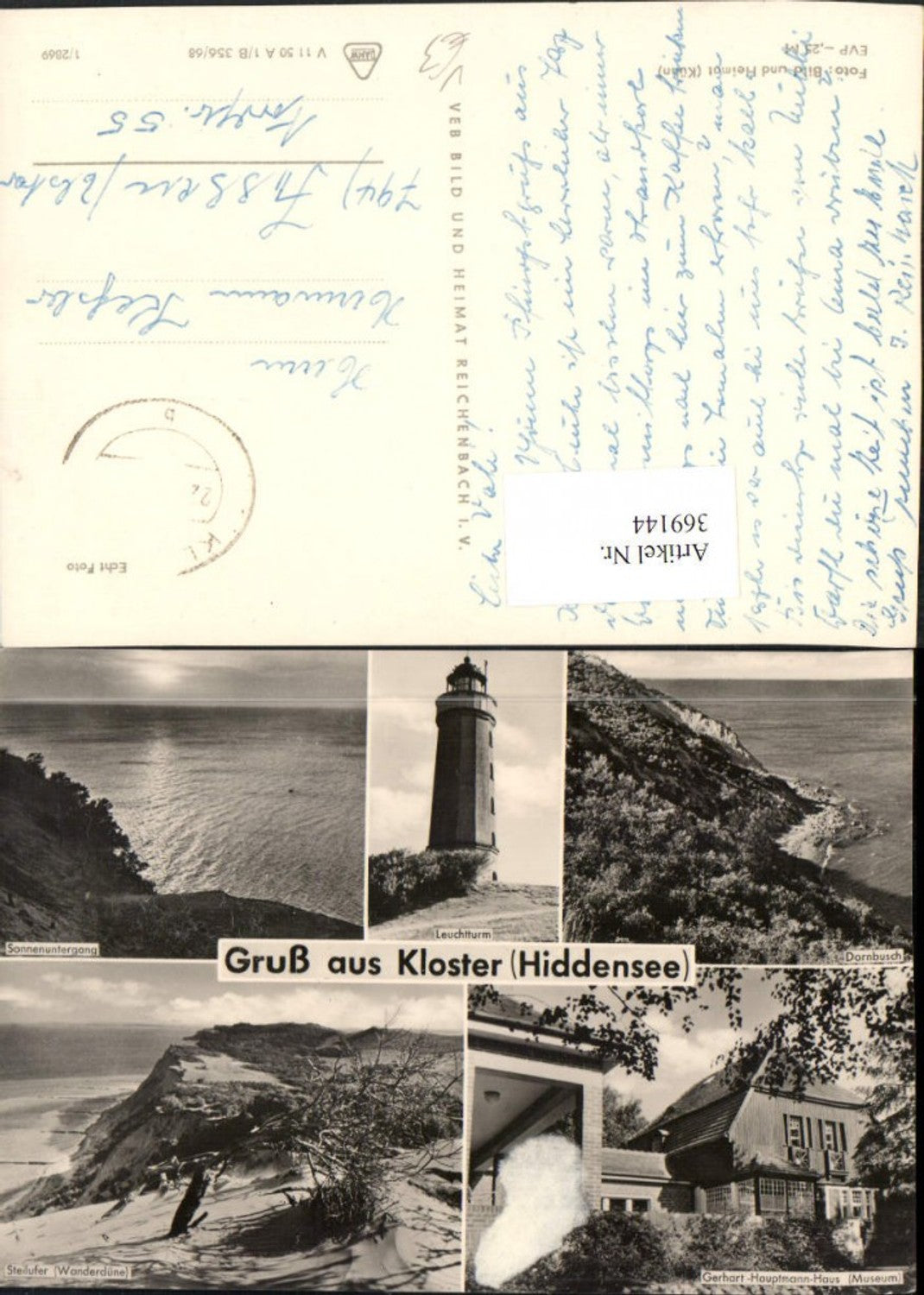 369144,Hiddensee Gruß aus Kloster Leuchtturm Küste Steilufer Museum Mehrbildkarte pub VEB