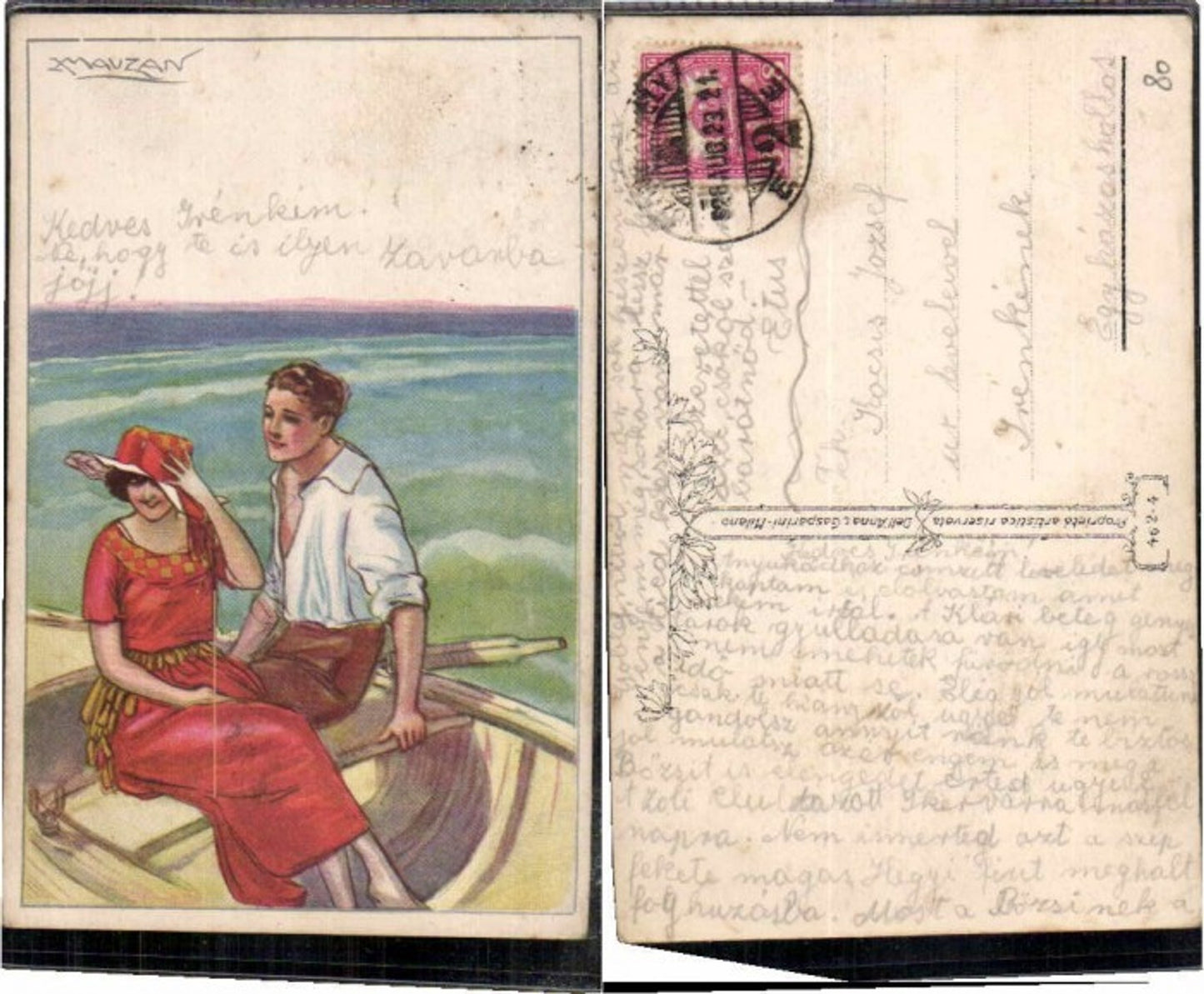 68090,Künstlerkarte A. Mauzan sign. Frau Boot Jugendstil