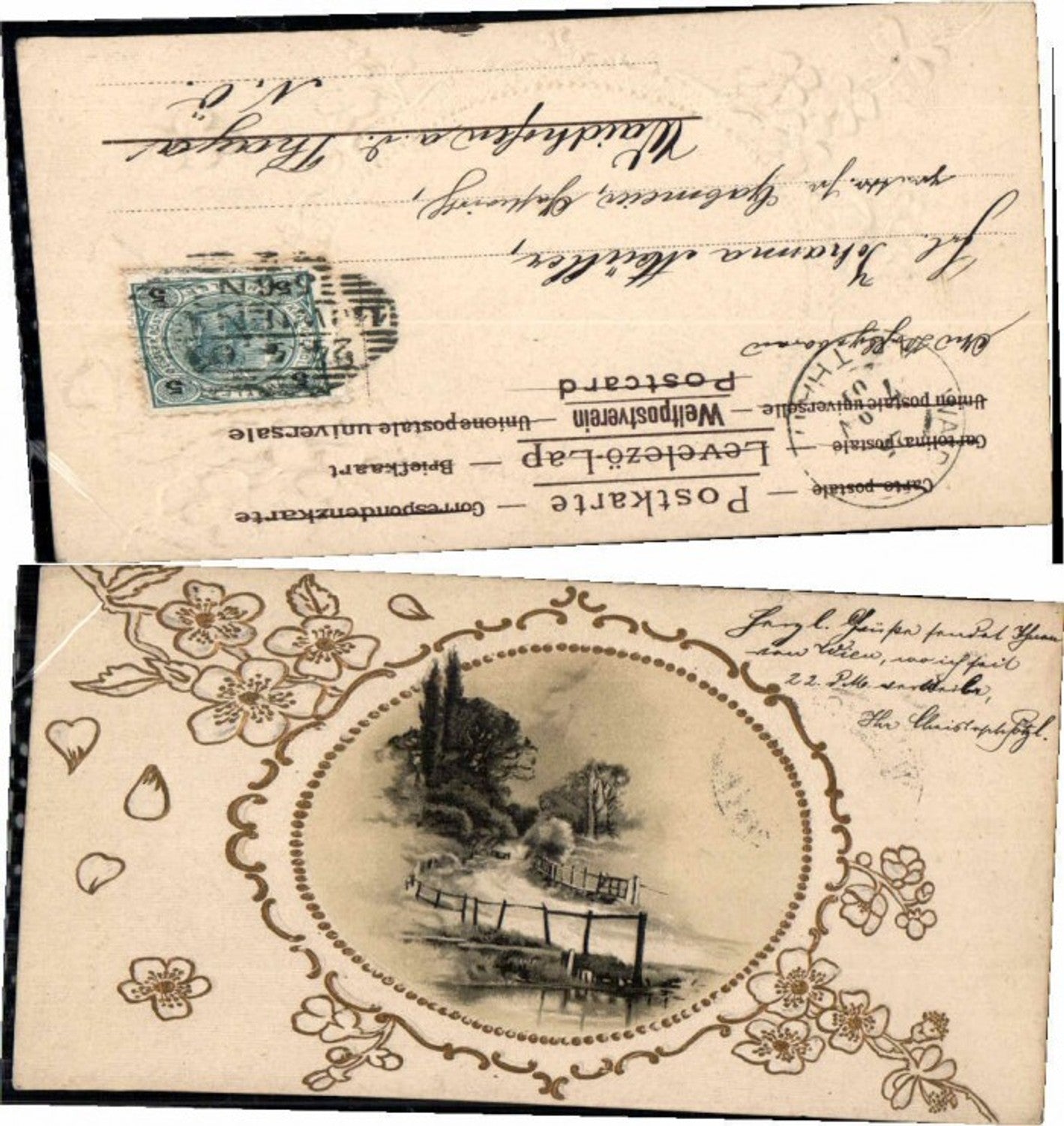 68129,Jugendstil Präge AK Landschaft Blumen Gold verziert
